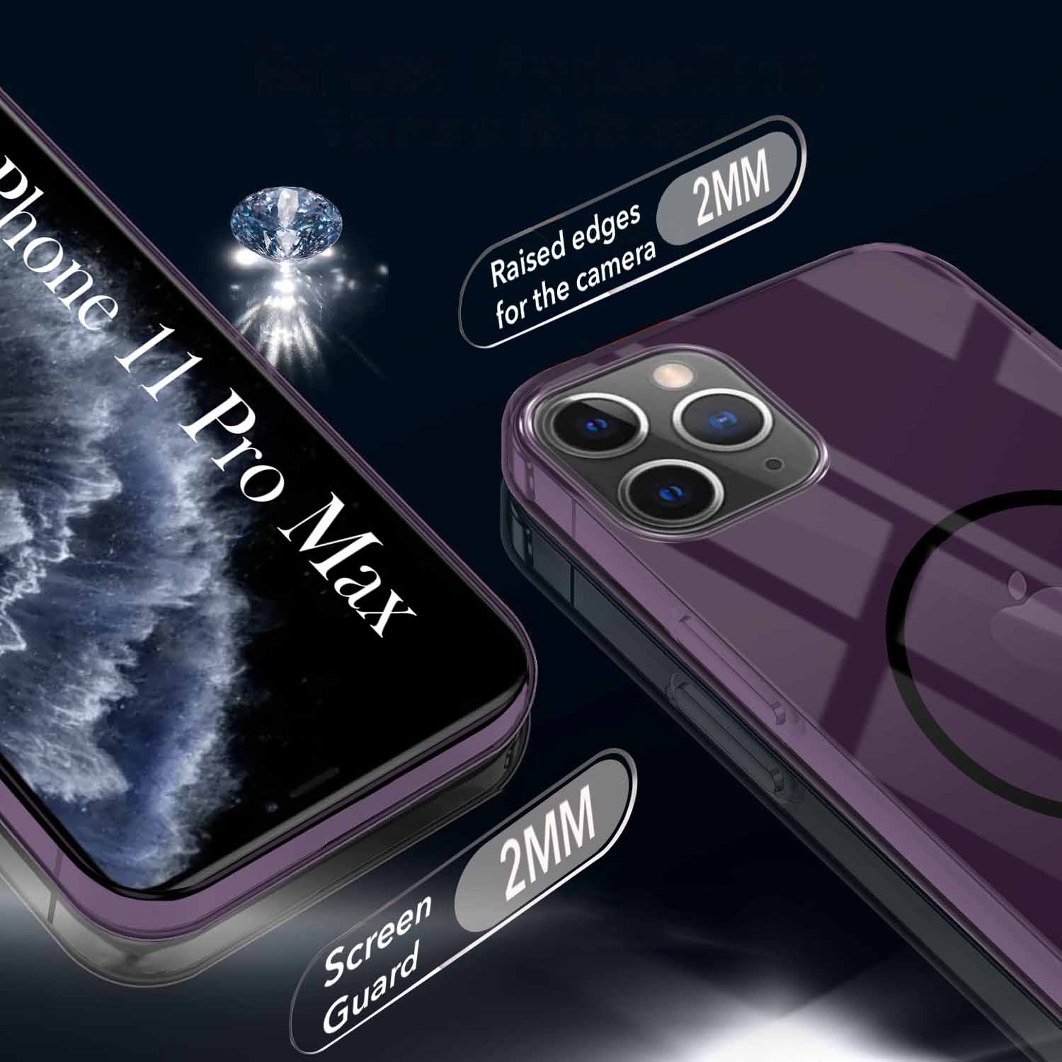 For Apple iPhone 11 Pro Max Back Cover Case Crystal Anti Yellow (MagSafe Wireless Charging Support |Camera Protection Bump)