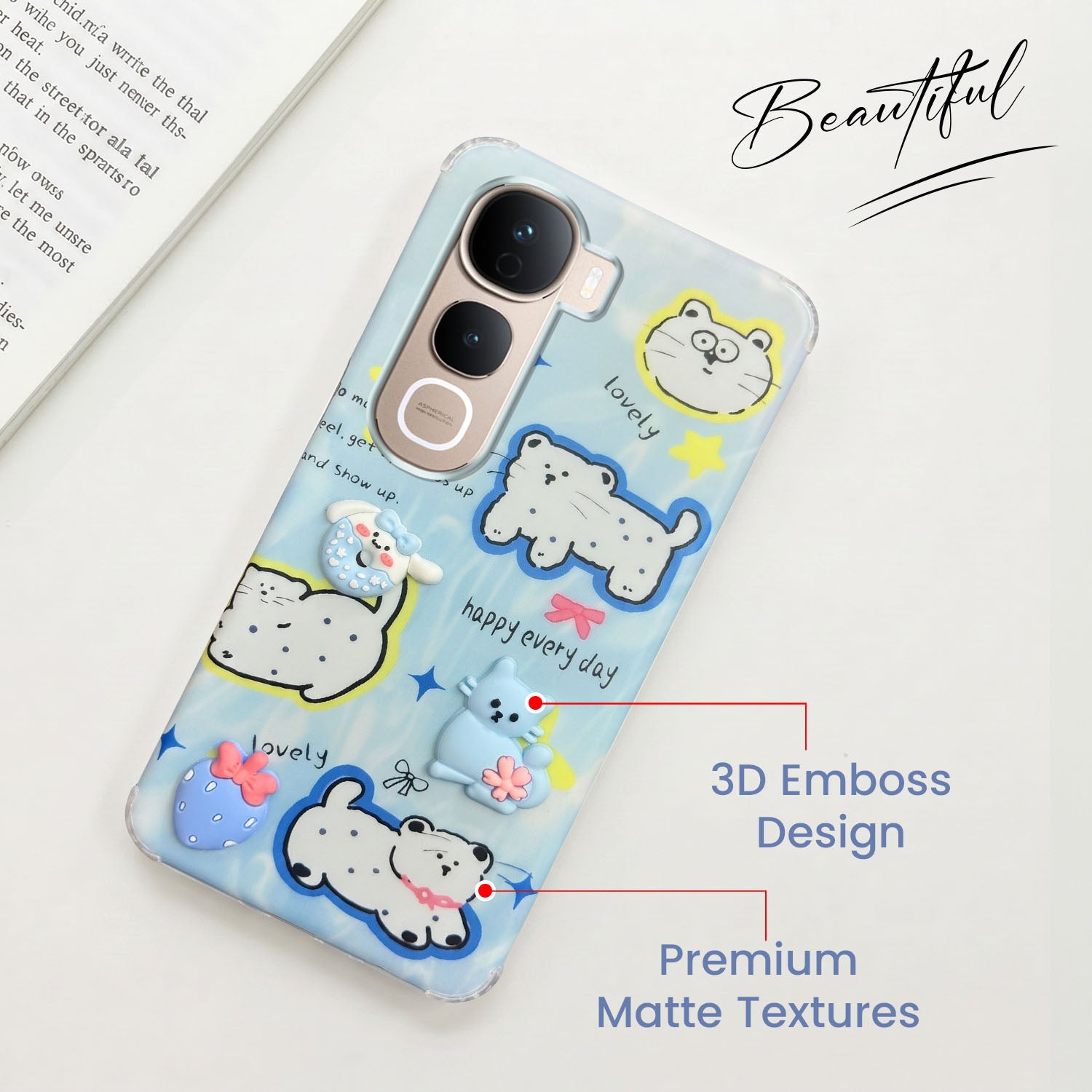 For Vivo Y400 Pro Back Cover Case (3D Cute Cartoons | Hard Back Side Soft | Matte Premium Finish | HD Printing)