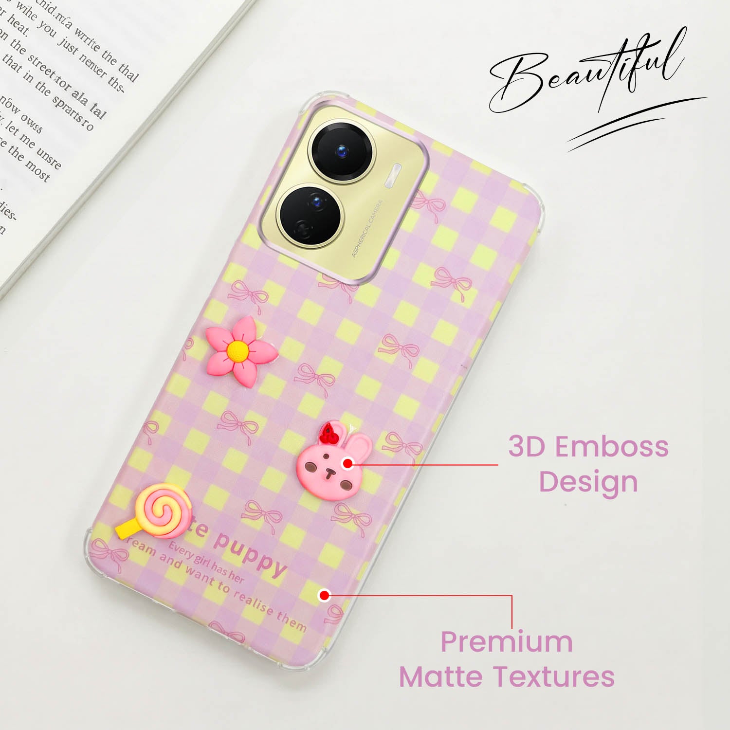 For Vivo Y16 Back Cover Case (3D Cute Cartoons | Hard Back Side Soft | Matte Premium Finish | HD Printing)