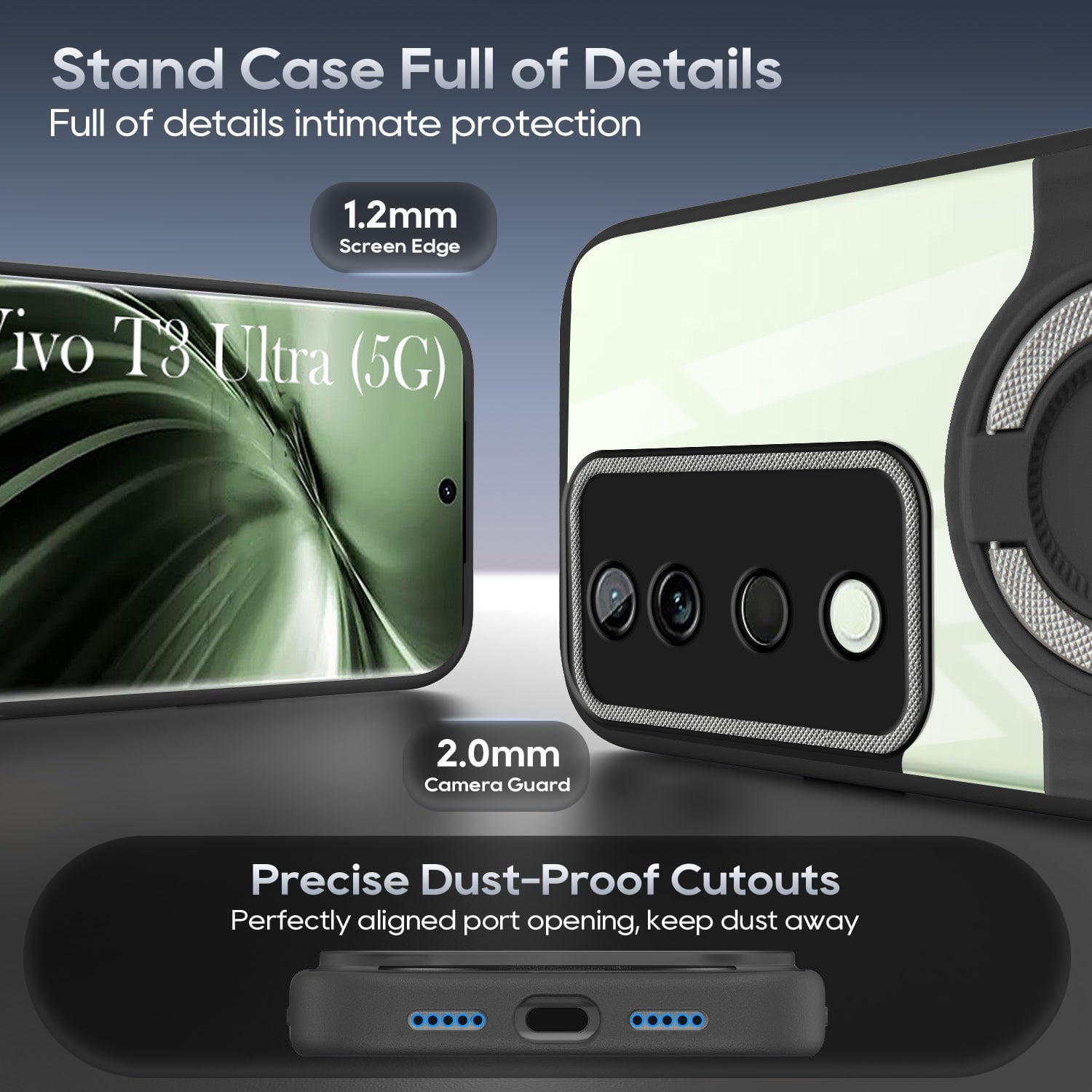For Vivo T3 Ultra Back Cover Case with stand (Built-in Ring Holder Kickstand | Lifetime Anti Yellow | Camera Protection)