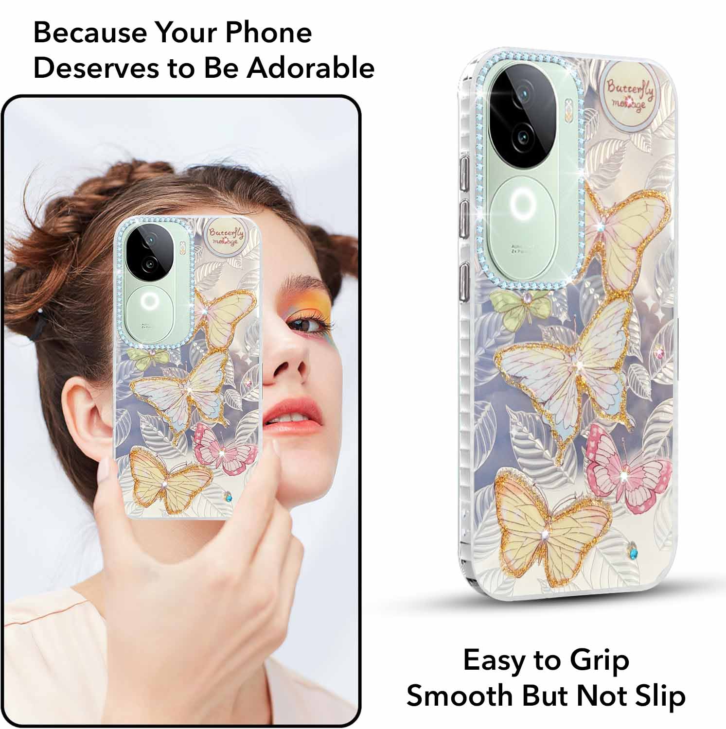 For Vivo iQOO Z9s  Back Cover Case (Luxury Floral Glitter Cute Butterfly | Diamond Studded Camera Bump | Girls & Women Design)