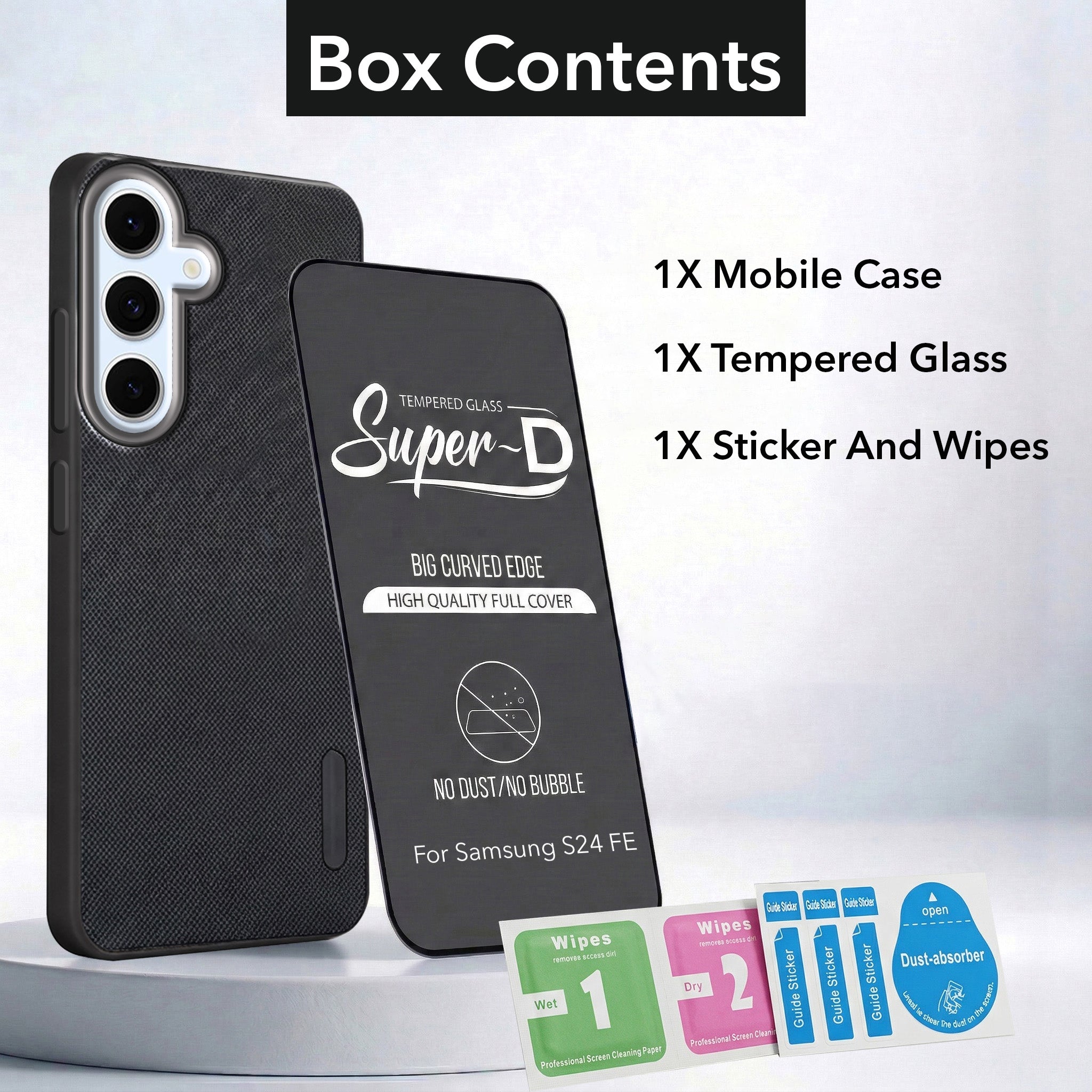 For Samsung Galaxy S24 FE Combo with Back Cover and 9H Tempered Glass (Textured Grip Design | Micro-Fiber Cloth Inside | Oleophobic Coating Screen Glass)