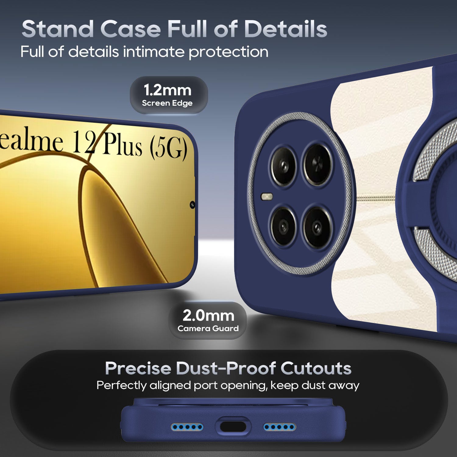 For Realme 12 Plus Back Cover Case with stand (Built-in Ring Holder Kickstand | Lifetime Anti Yellow | Camera Protection)