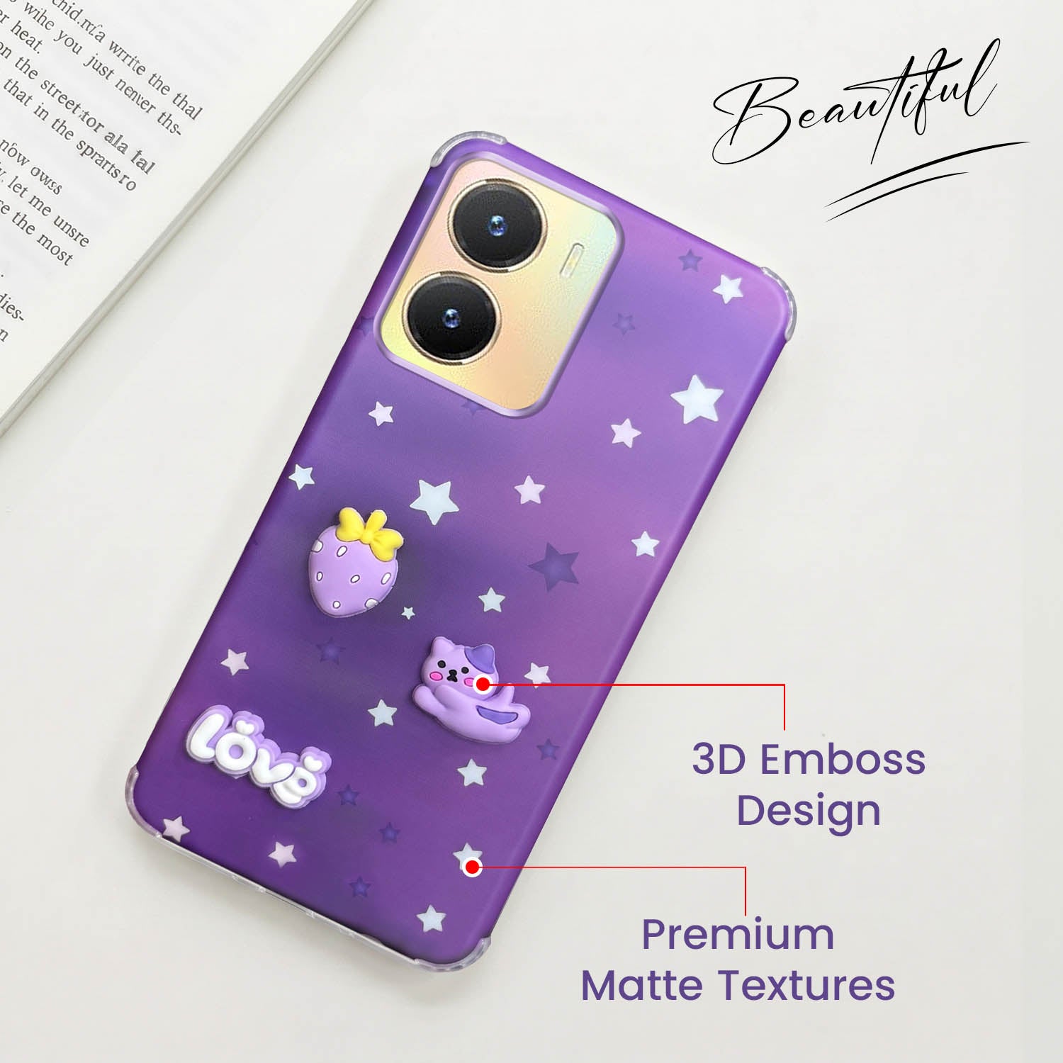 For Vivo T2x Back Cover Case (3D Cute Cartoons | Hard Back Side Soft | Matte Premium Finish | HD Printing)