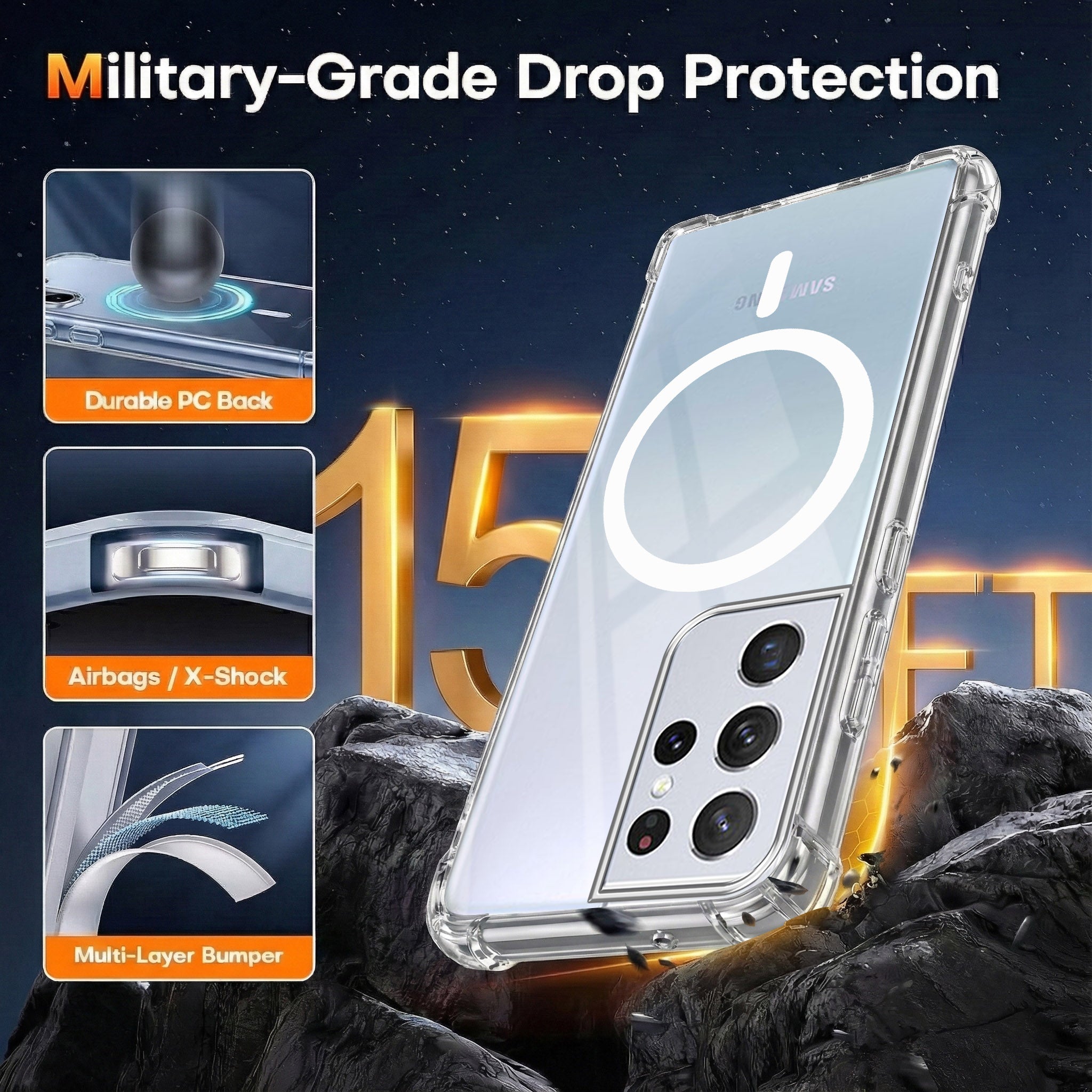 For Samsung Galaxy S21 Ultra 5G Back Cover Shockproof Crystal-Clear (Magsafe Wireless Support | Drop & Camera Protection | Hard Polycarbonate)