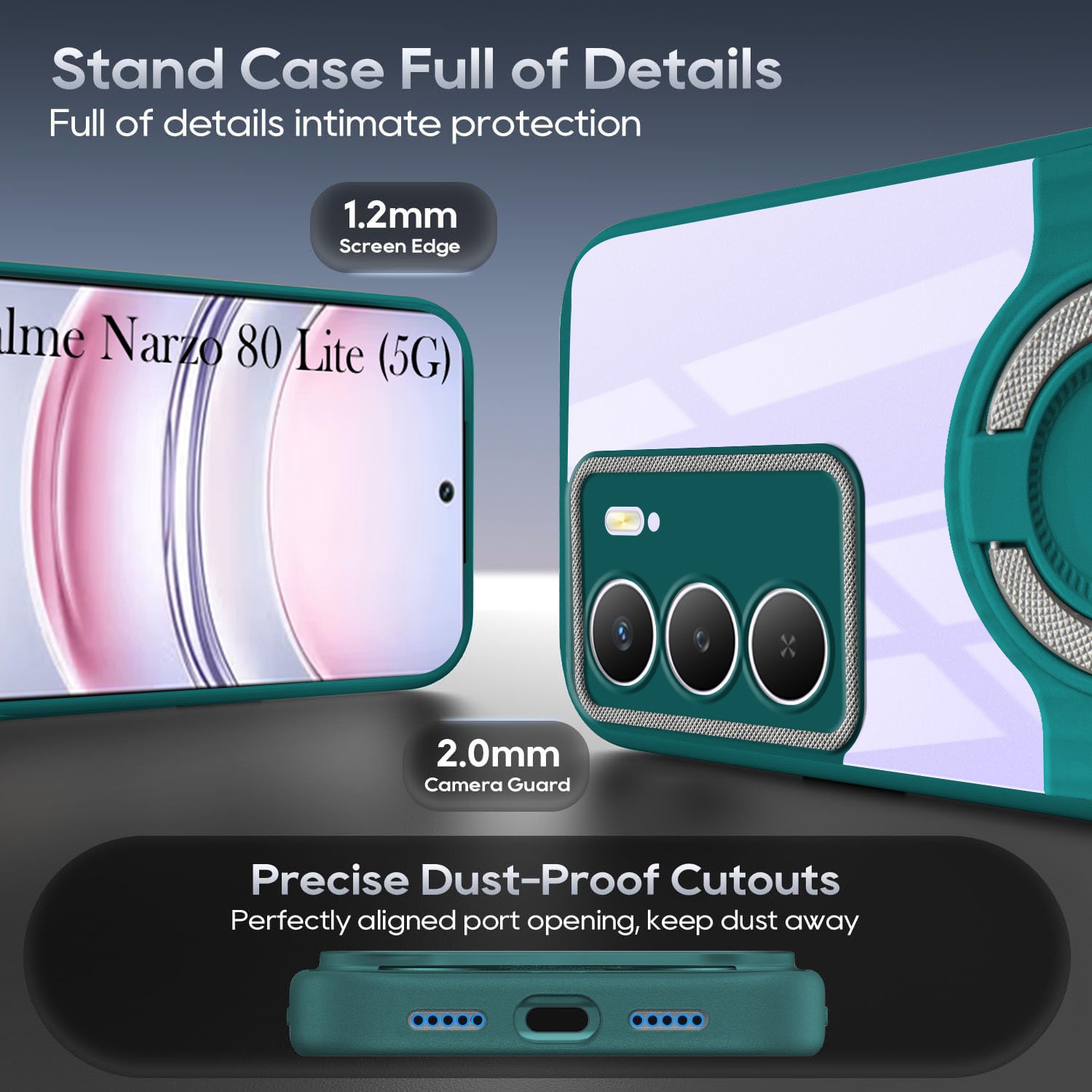 For Realme Narzo 80 Lite 5G Back Cover Case with stand (Built-in Ring Holder Kickstand | Lifetime Anti Yellow | Camera Protection)