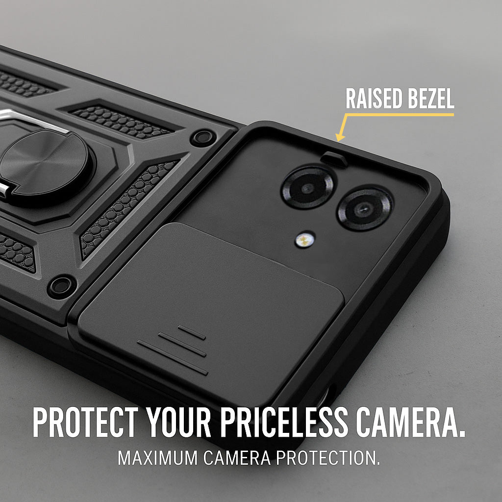 For Samsung Galaxy M17e Back Cover Case Hybrid Armor (Sliding Shutter Camera Protection | Polycarbonate |Ring Holder Kickstand)