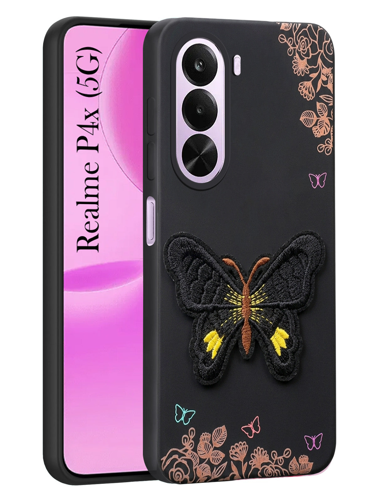 For Realme P4x Back Cover Case (Soft Butterfly Embroidery | Women Teen Girls | Camera Protection| Matte Silicone)