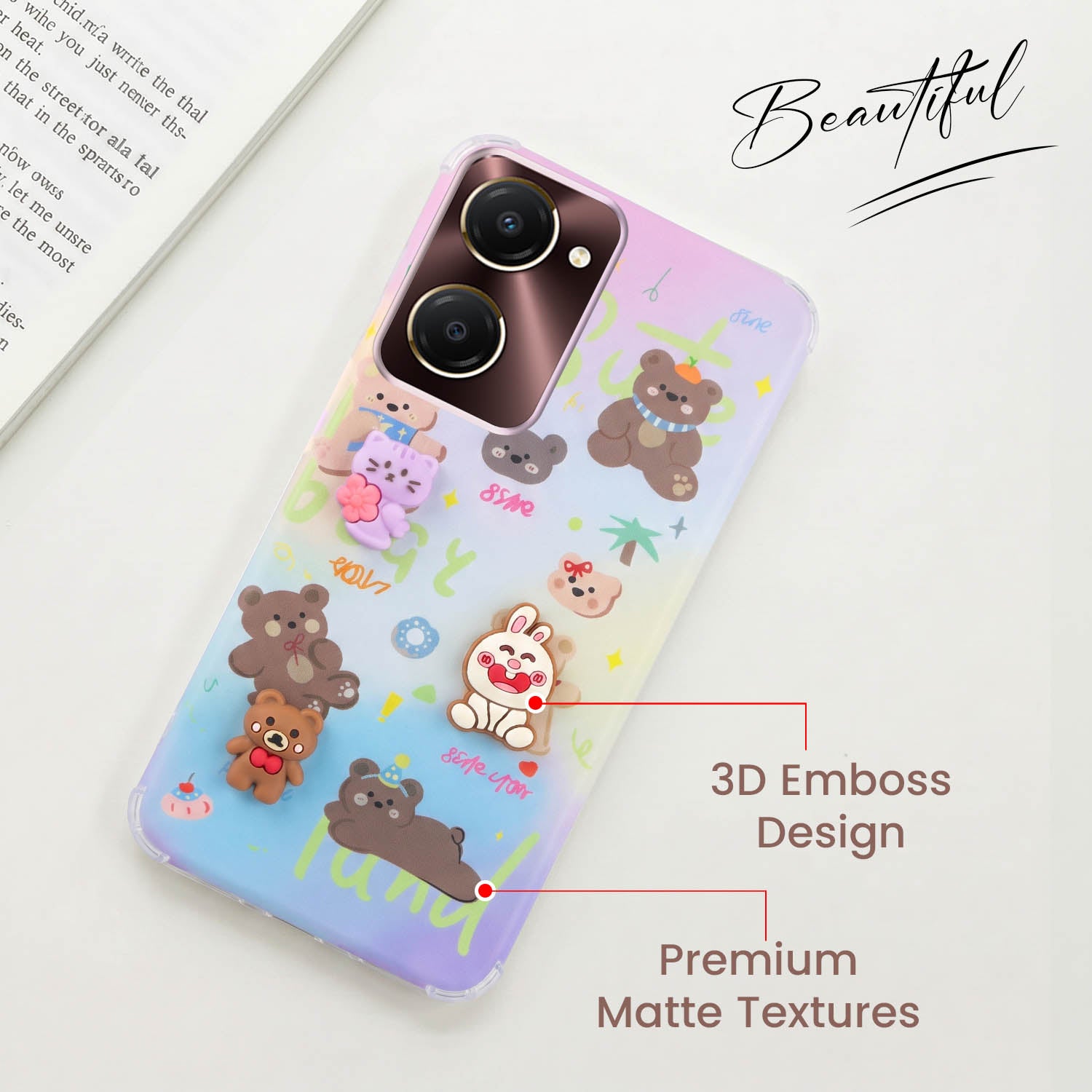 For Vivo iQOO Z9 Lite 5G Back Cover Case (3D Cute Cartoons | Hard Back Side Soft | Matte Premium Finish | HD Printing)
