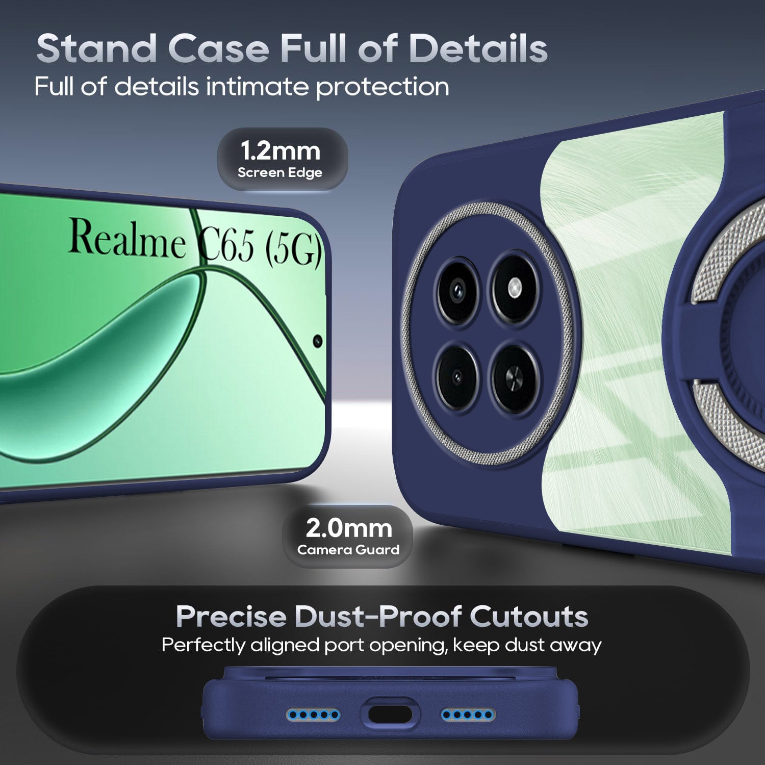 For Realme C65 5G Back Cover Case with stand (Built-in Ring Holder Kickstand | Lifetime Anti Yellow | Camera Protection)