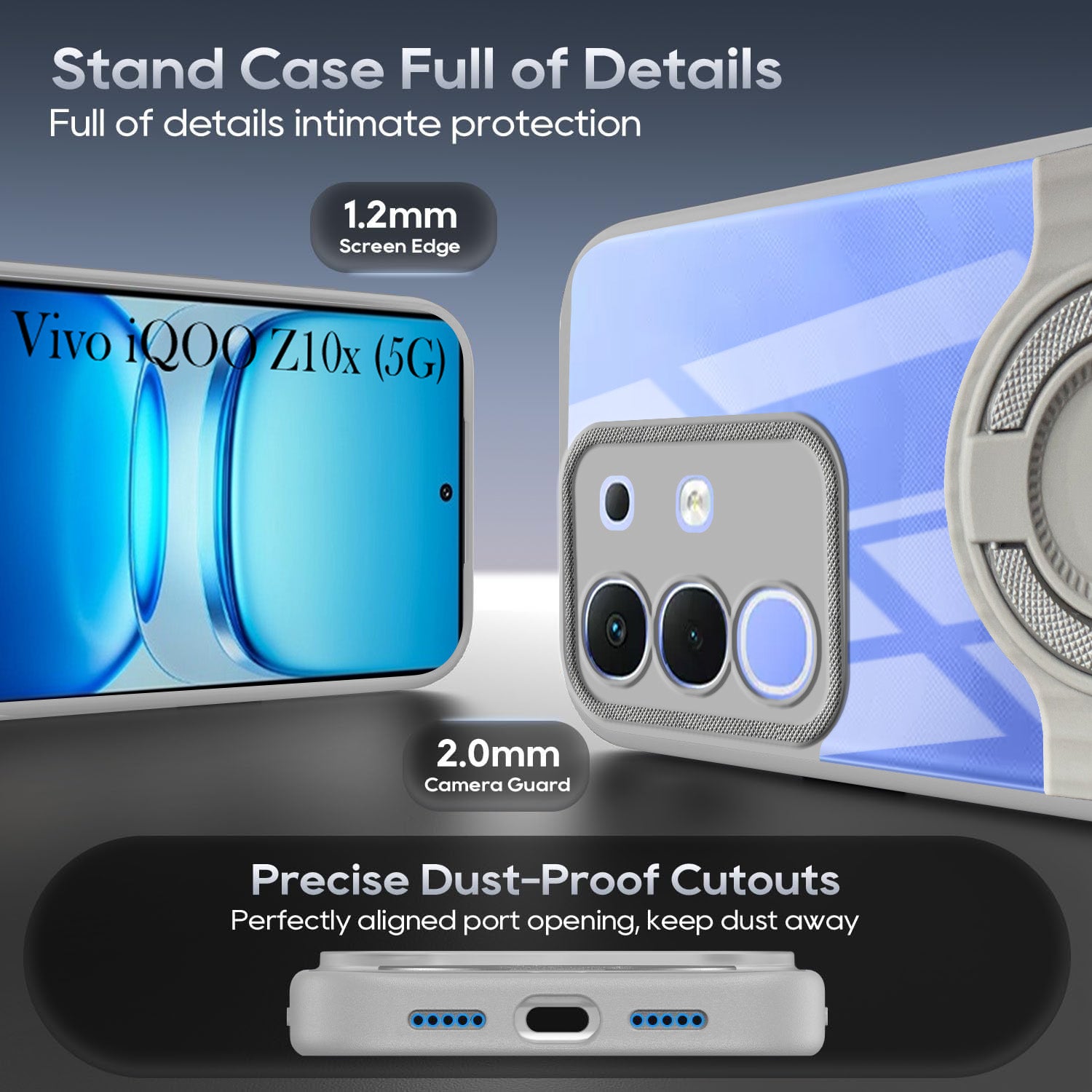 For Vivo iQOO Z10x Back Cover Case with stand (Built-in Ring Holder Kickstand | Lifetime Anti Yellow | Camera Protection)