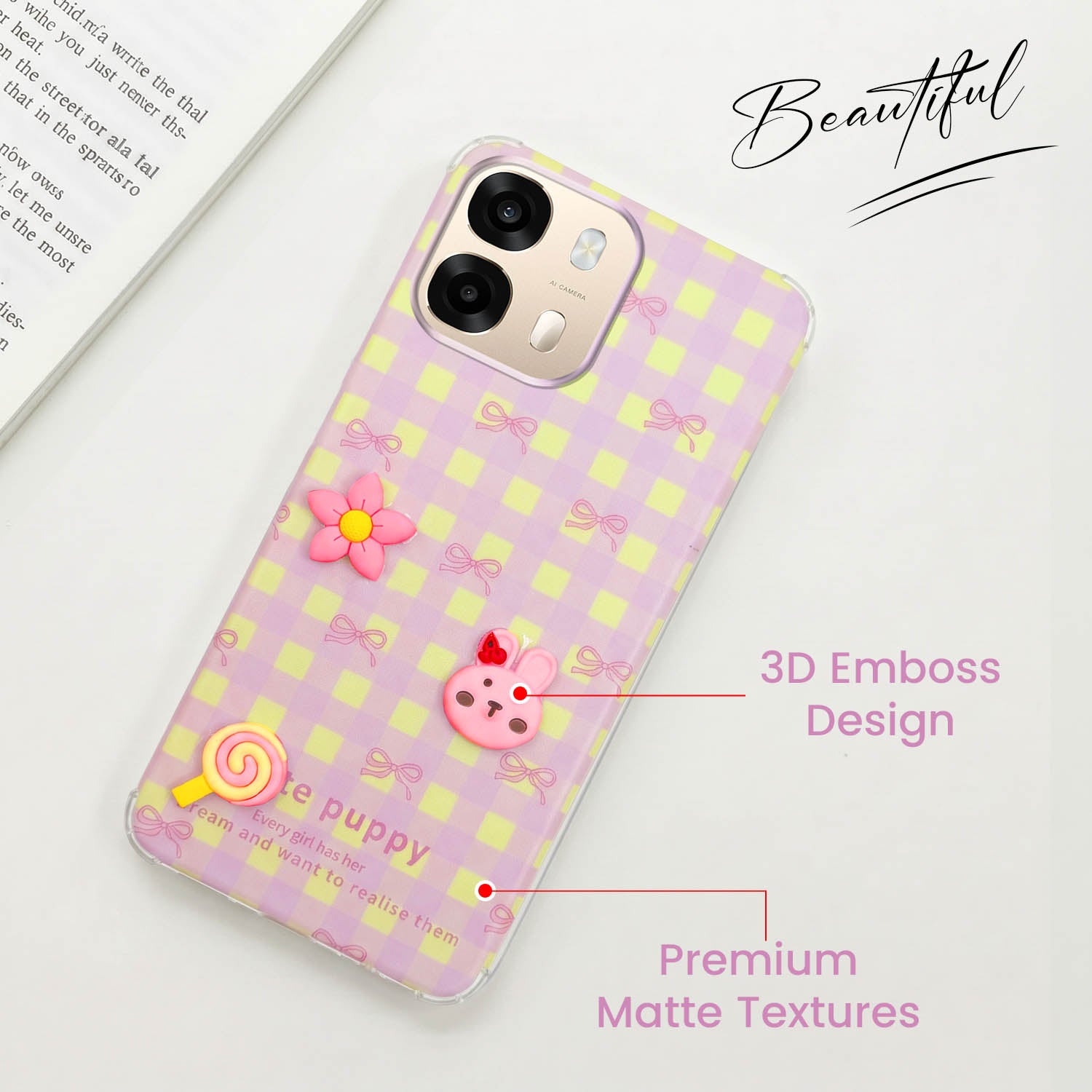 For Oppo A6 Pro Back Cover Case (3D Cute Cartoons | Hard Back Side Soft | Matte Premium Finish | HD Printing)