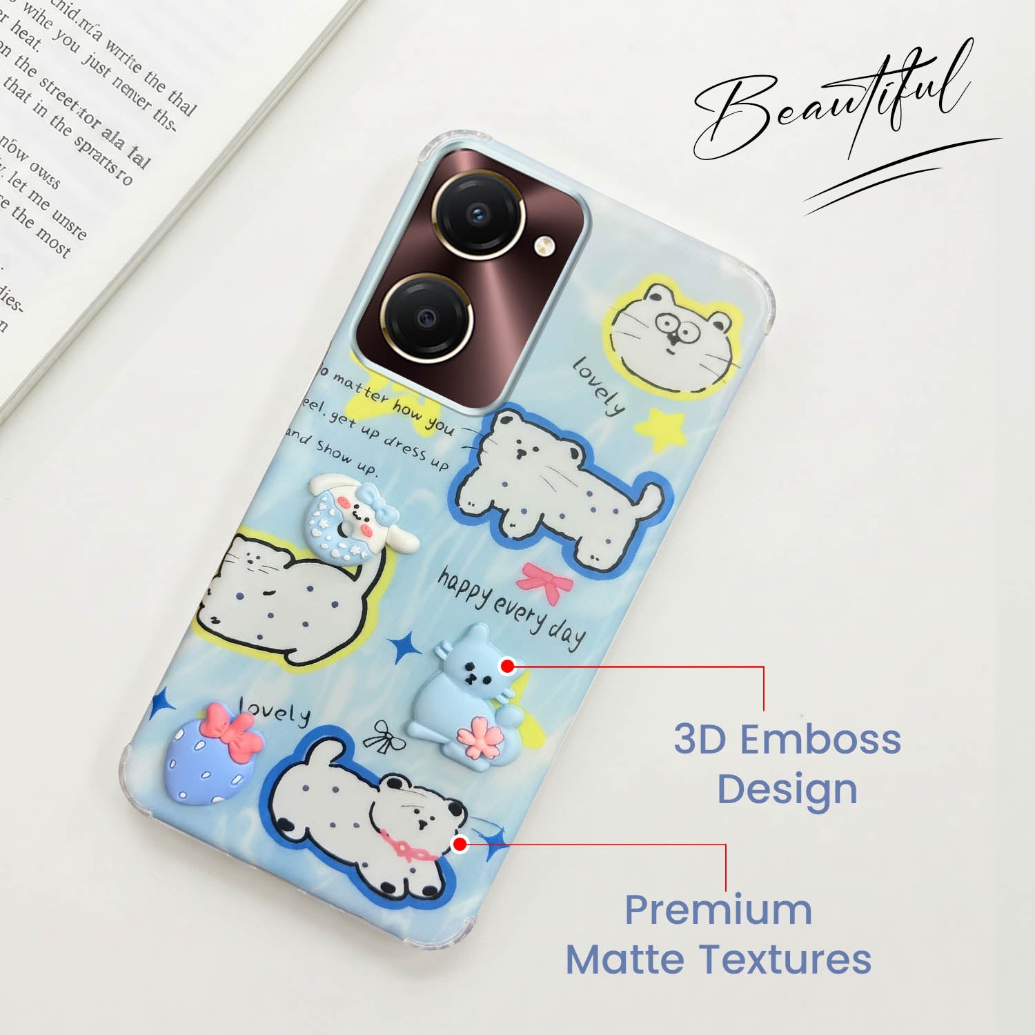 For Vivo iQOO Z9 Lite 5G Back Cover Case (3D Cute Cartoons | Hard Back Side Soft | Matte Premium Finish | HD Printing)