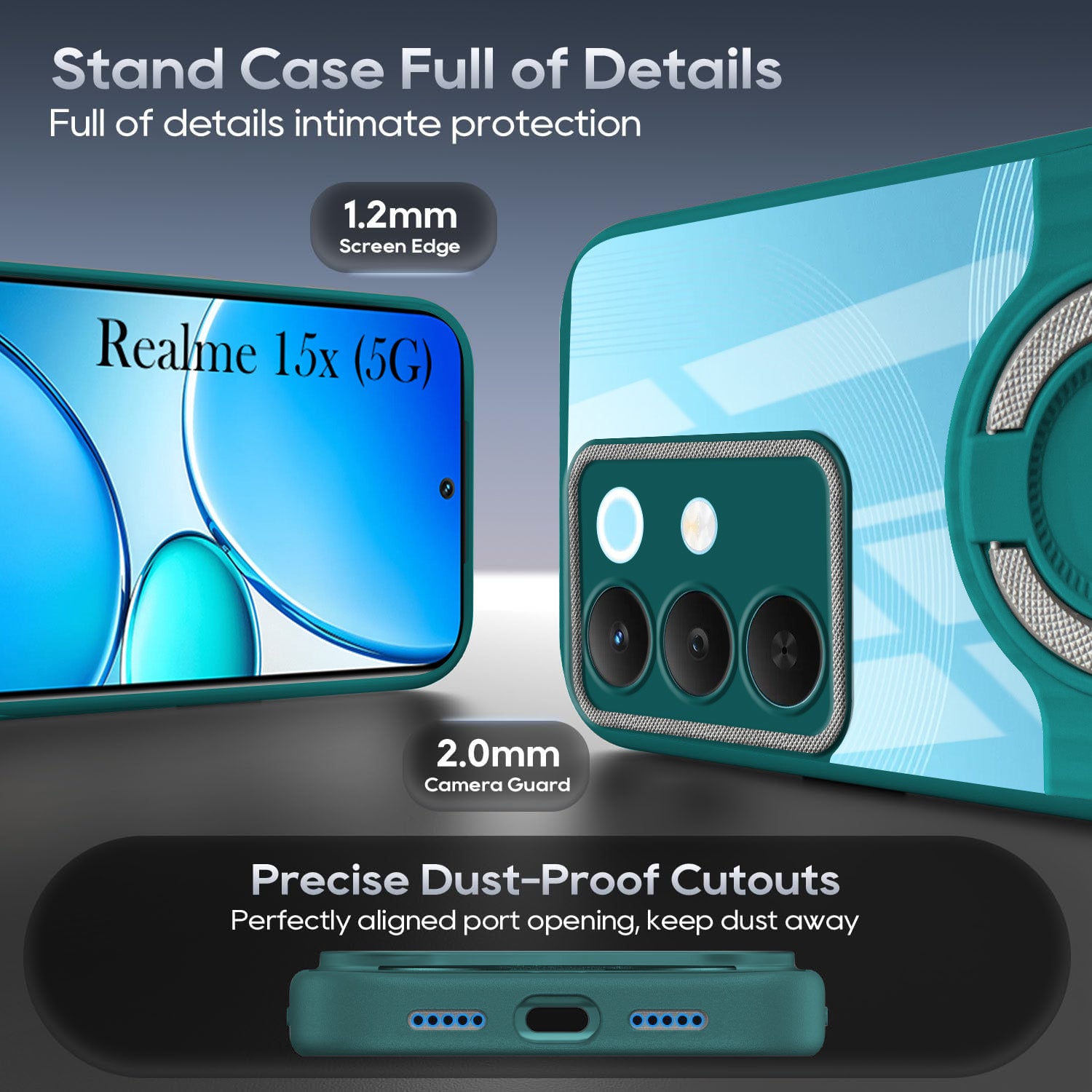 For Realme 15X Back Cover Case with stand (Built-in Ring Holder Kickstand | Lifetime Anti Yellow | Camera Protection)