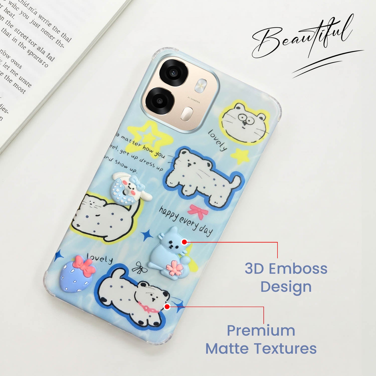 For Oppo A6 Pro Back Cover Case (3D Cute Cartoons | Hard Back Side Soft | Matte Premium Finish | HD Printing)