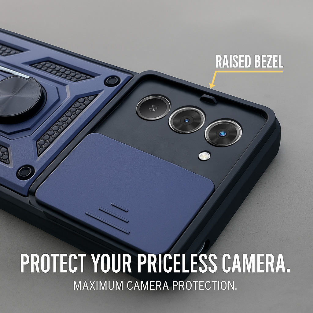For Redmi 15 Back Cover Case Hybrid Armor (Sliding Shutter Camera Protection | Polycarbonate |Ring Holder Kickstand)