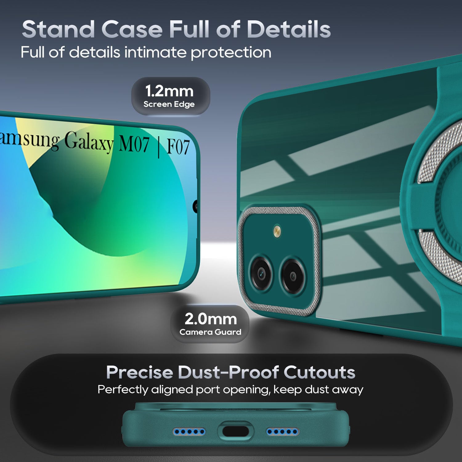 For Samsung Galaxy M07 | Samsung Galaxy F07 Back Cover Case with stand (Built-in Ring Holder Kickstand | Lifetime Anti Yellow | Camera Protection)