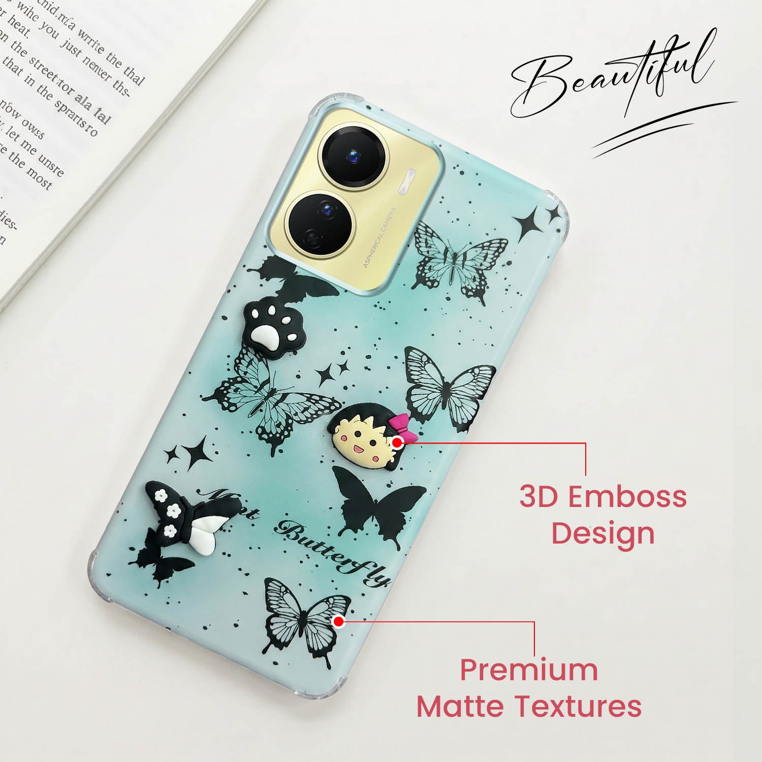 For Vivo Y16 Back Cover Case (3D Cute Cartoons | Hard Back Side Soft | Matte Premium Finish | HD Printing)
