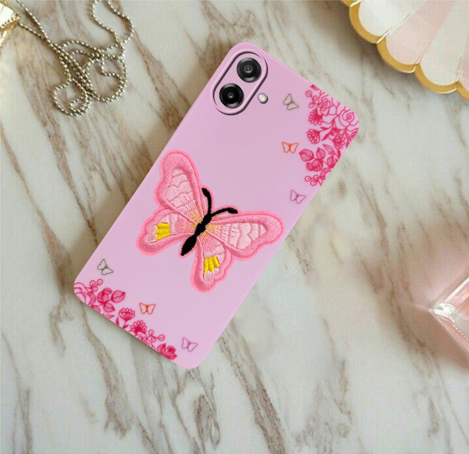 For Samsung Galaxy M17e Back Cover Case (Soft Butterfly Embroidery | Women Teen Girls | Camera Protection| Matte Silicone)
