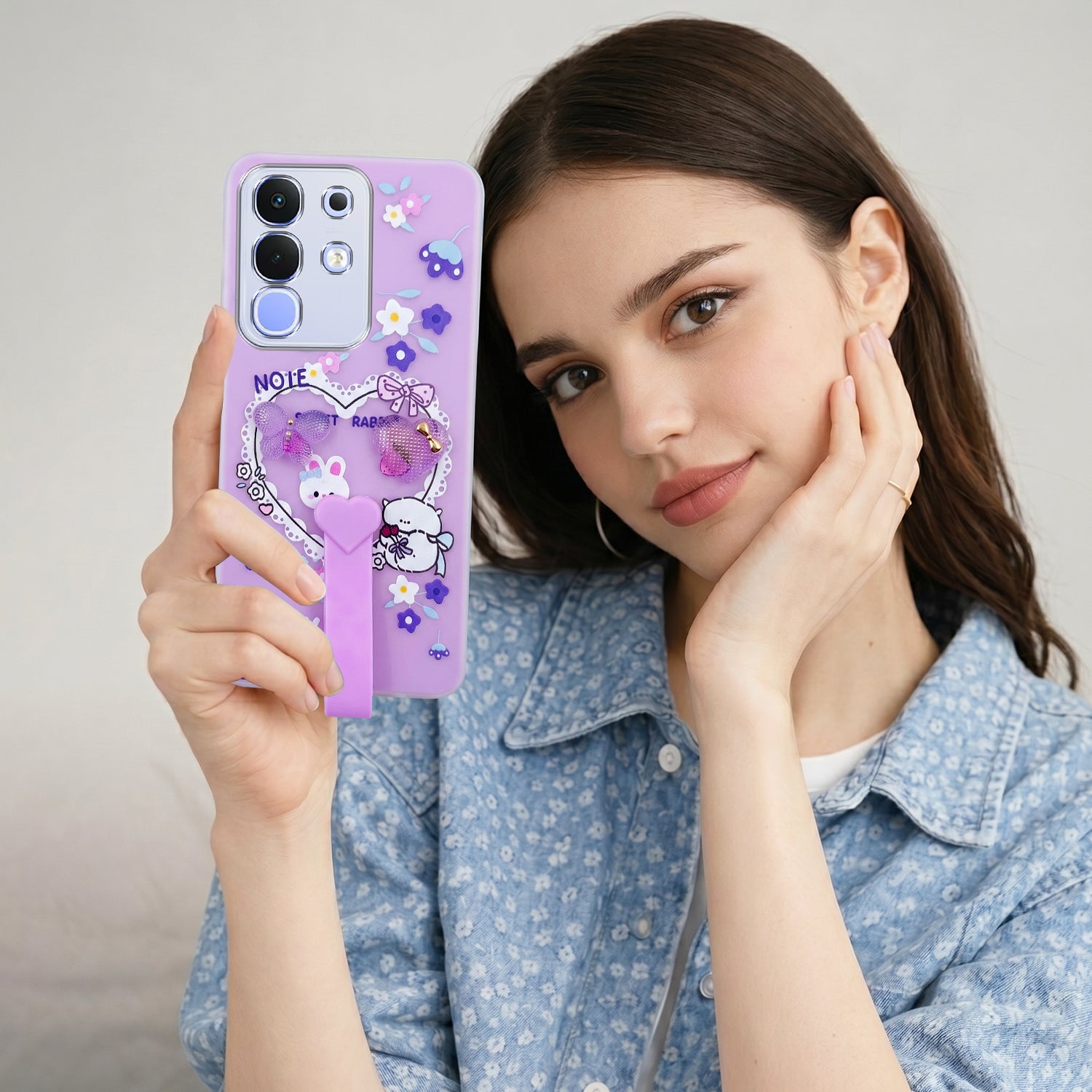 For Vivo iQOO Z10x Back Cover Case (3D Cute Heart Strap Holder | Camera Protection | Designer Girls Print)