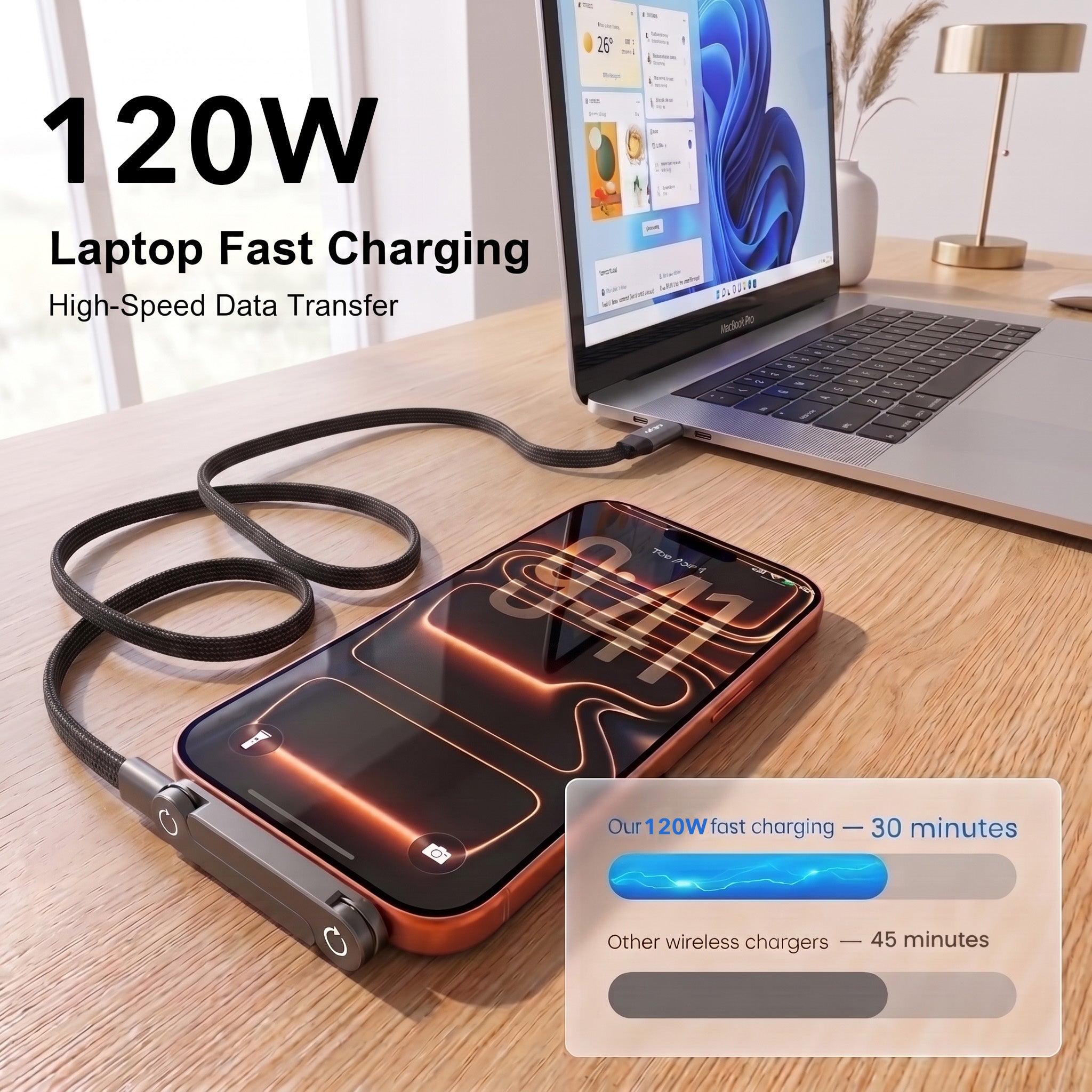 120W 2 in 1 USB-C Fast Charging Cable with Built-in Foldable Phone Stand