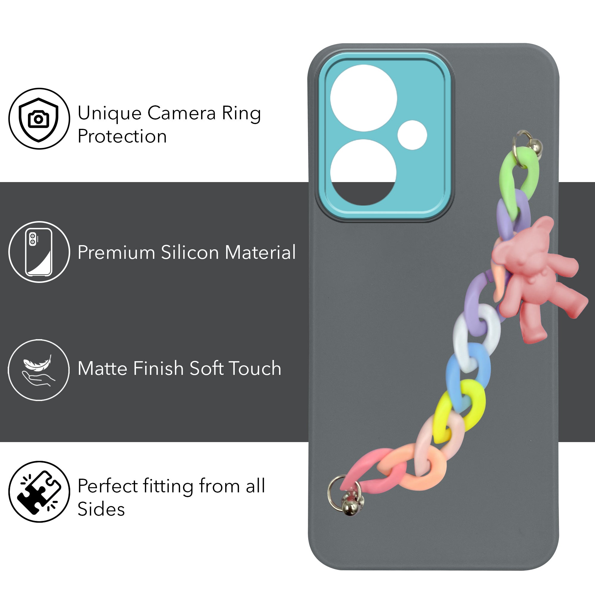 For Redmi 13C 5G Back Cover Case (Wrist Hanging Chain | Teddy Bracelet Charms | Dual Color Matte Finish | Full Camera Protection | Sleek and Professional)