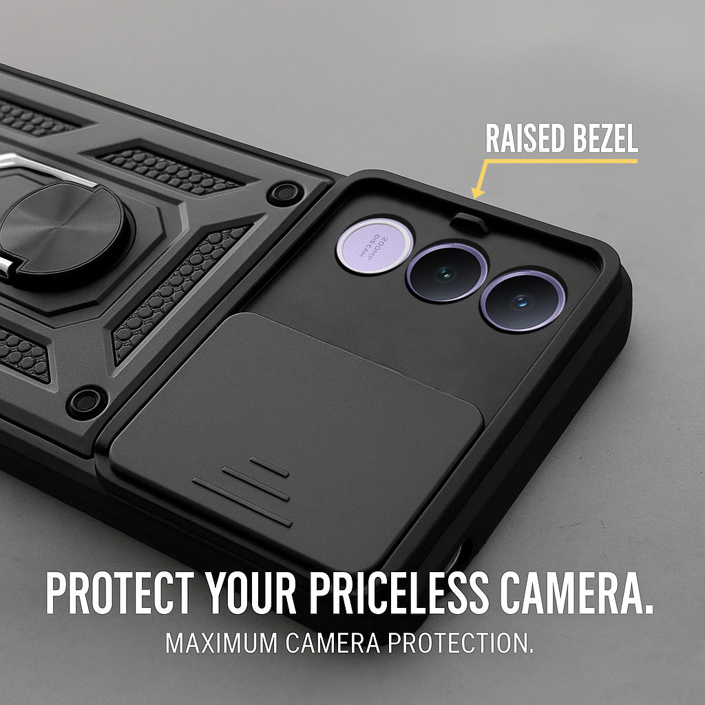 For Vivo V70 FE 5G Back Cover Case Hybrid Armor (Sliding Shutter Camera Protection | Polycarbonate |Ring Holder Kickstand)