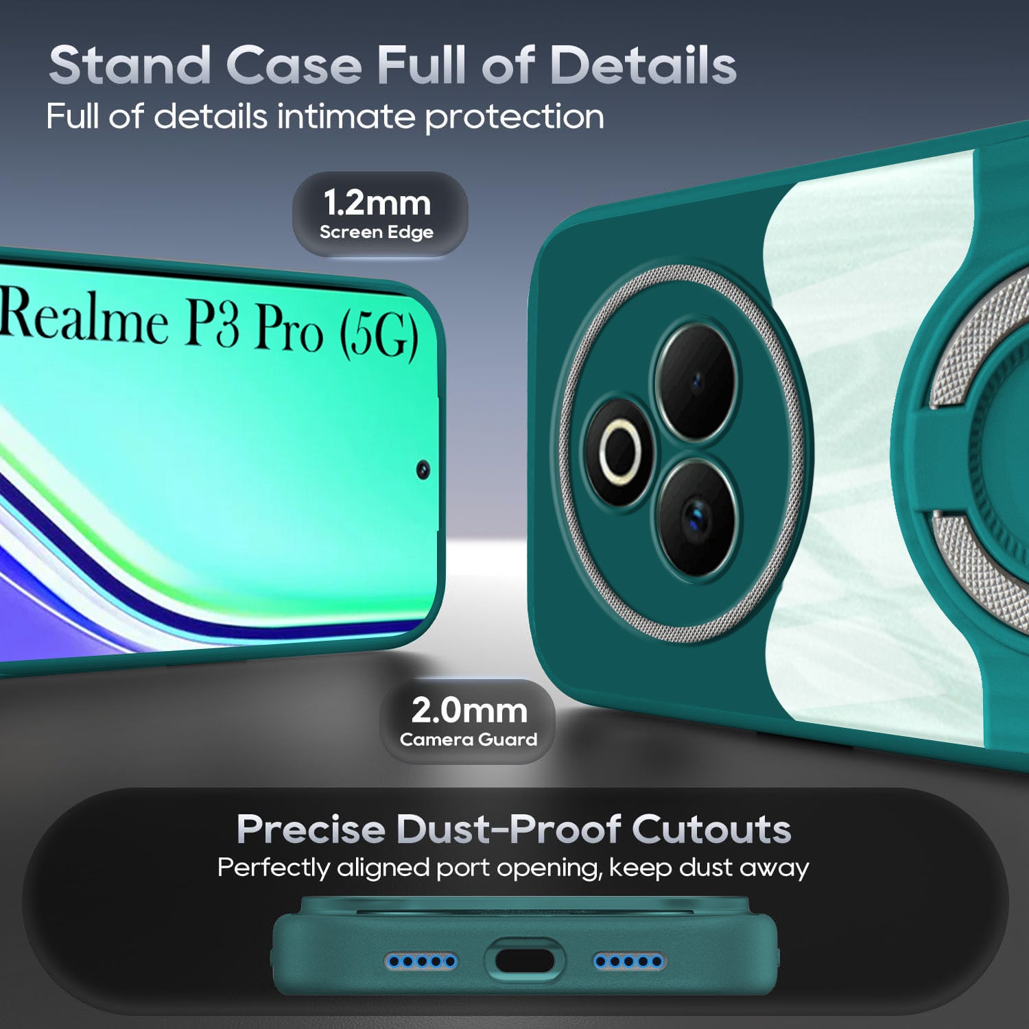 For Realme P3 Pro Back Cover Case with stand (Built-in Ring Holder Kickstand | Lifetime Anti Yellow | Camera Protection)