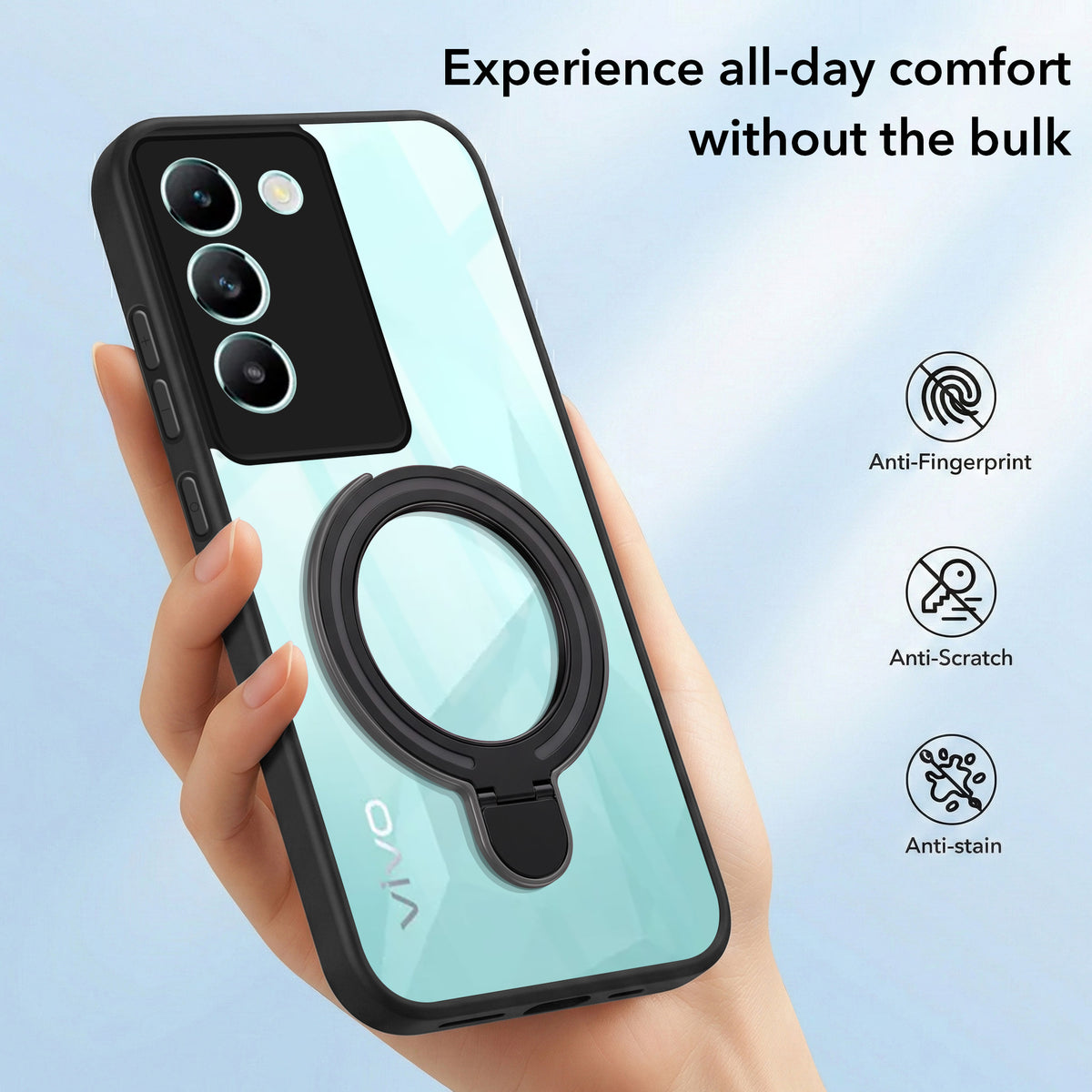 For Vivo T3 5G Back Cover Case (Kick Stand Ring Holder | Life time Anti Yellow | Camera Protection)