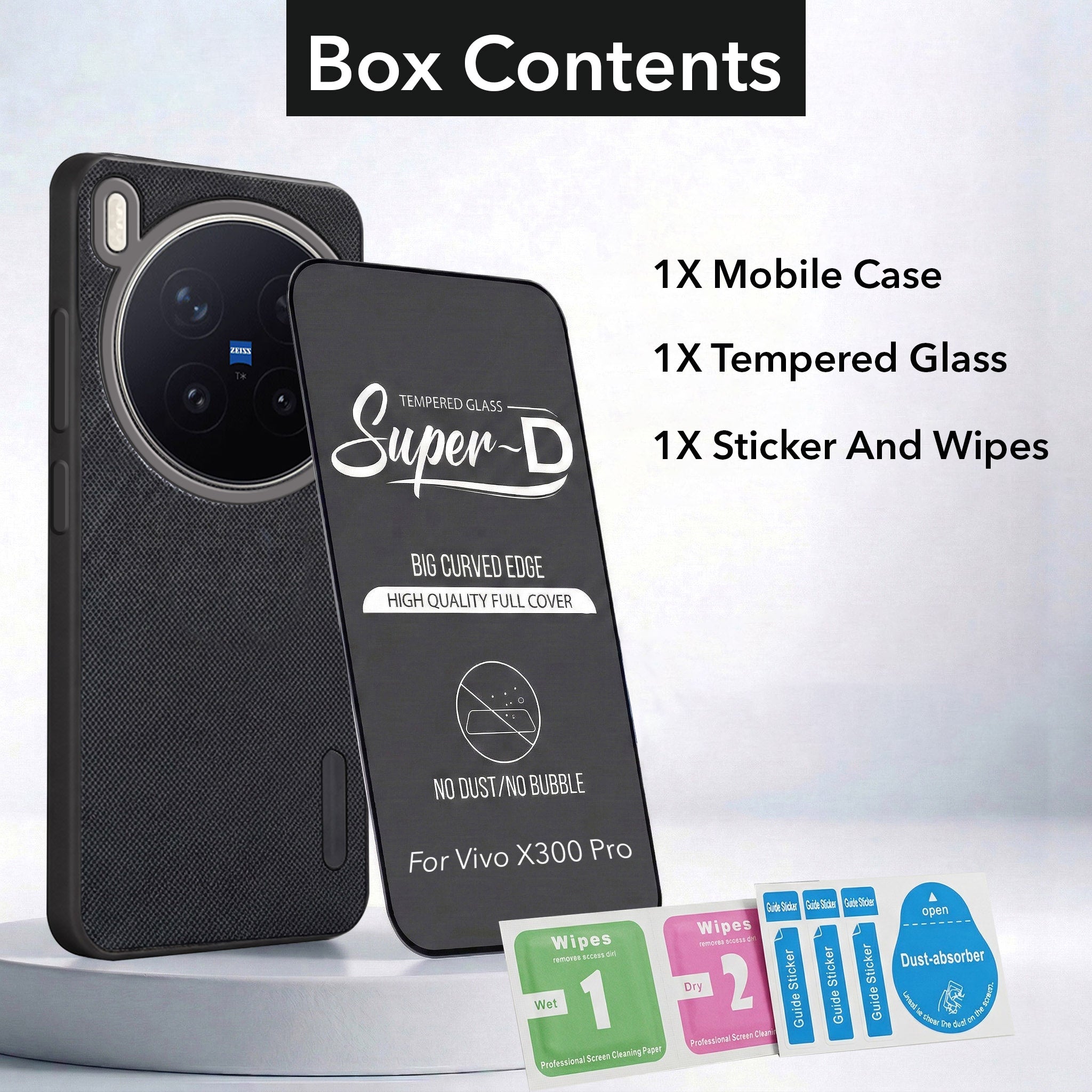 For Vivo X300 Pro Combo with Back Cover and 9H Tempered Glass (Textured Grip Design | Micro-Fiber Cloth Inside | Oleophobic Coating Screen Glass)