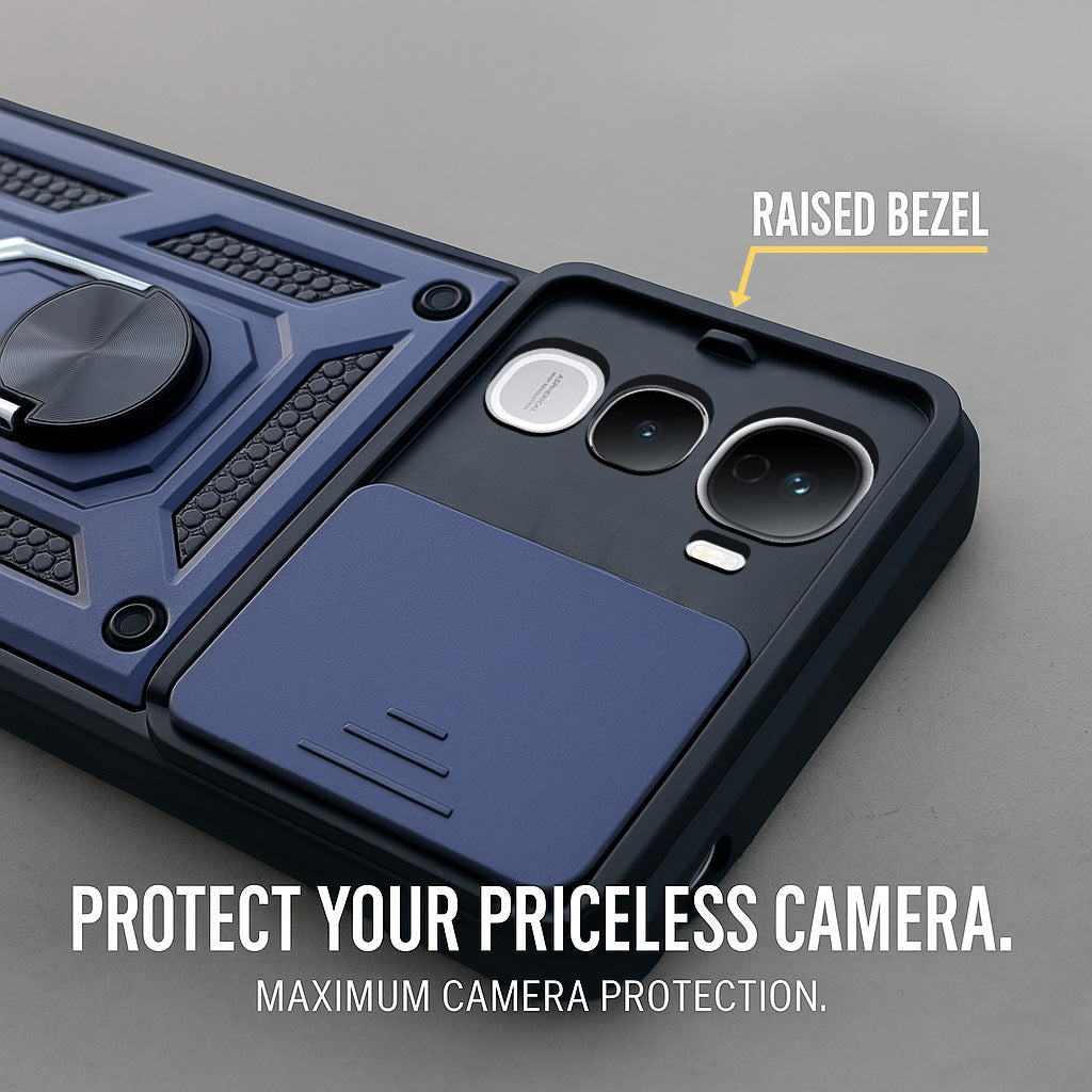 For Vivo Y400 Pro Back Cover Case Hybrid Armor (Sliding Shutter Camera Protection | Polycarbonate |Ring Holder Kickstand)