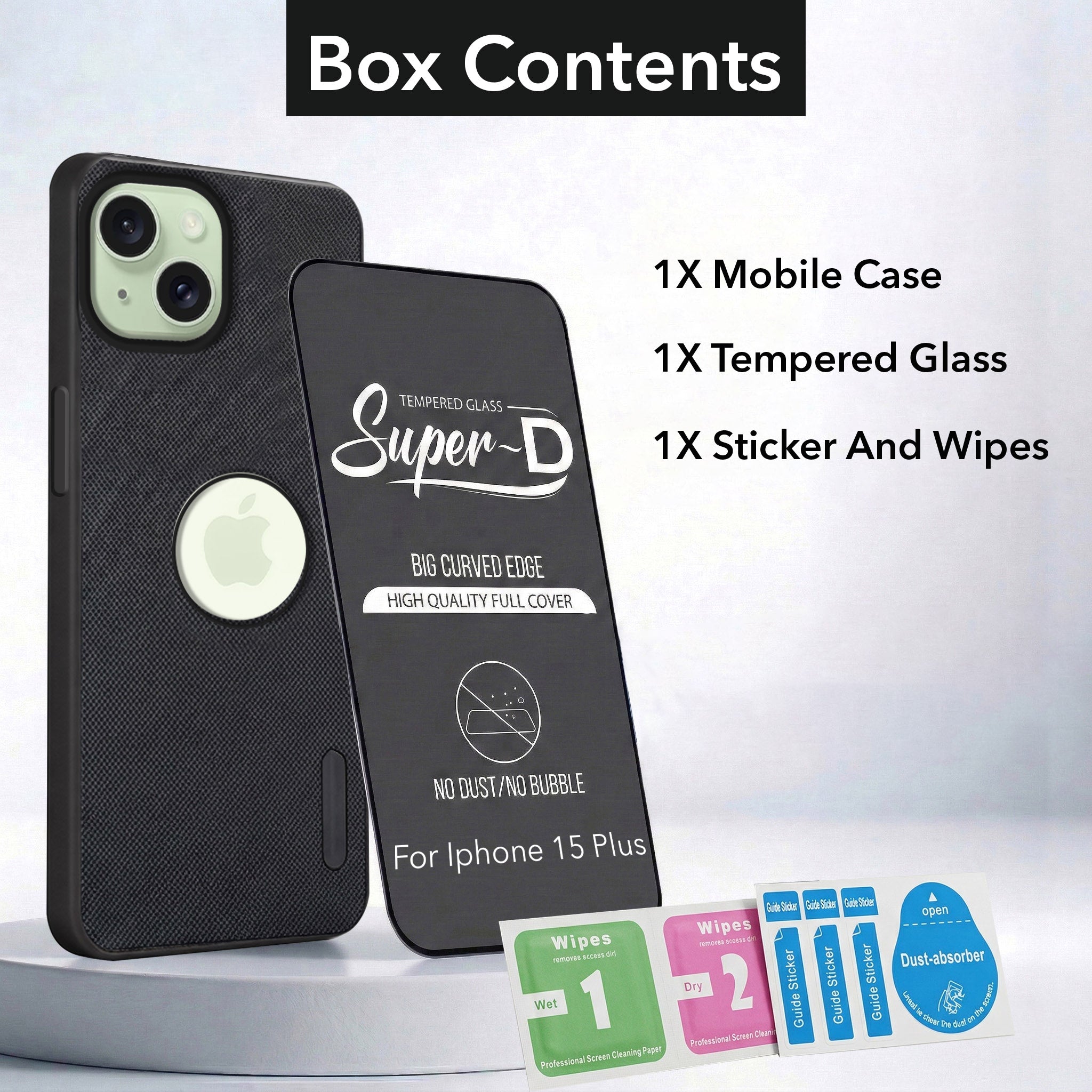 For Apple iPhone 15 Plus Combo with Back Cover and 9H Tempered Glass (Textured Grip Design | Micro-Fiber Cloth Inside | Oleophobic Coating Screen Glass)