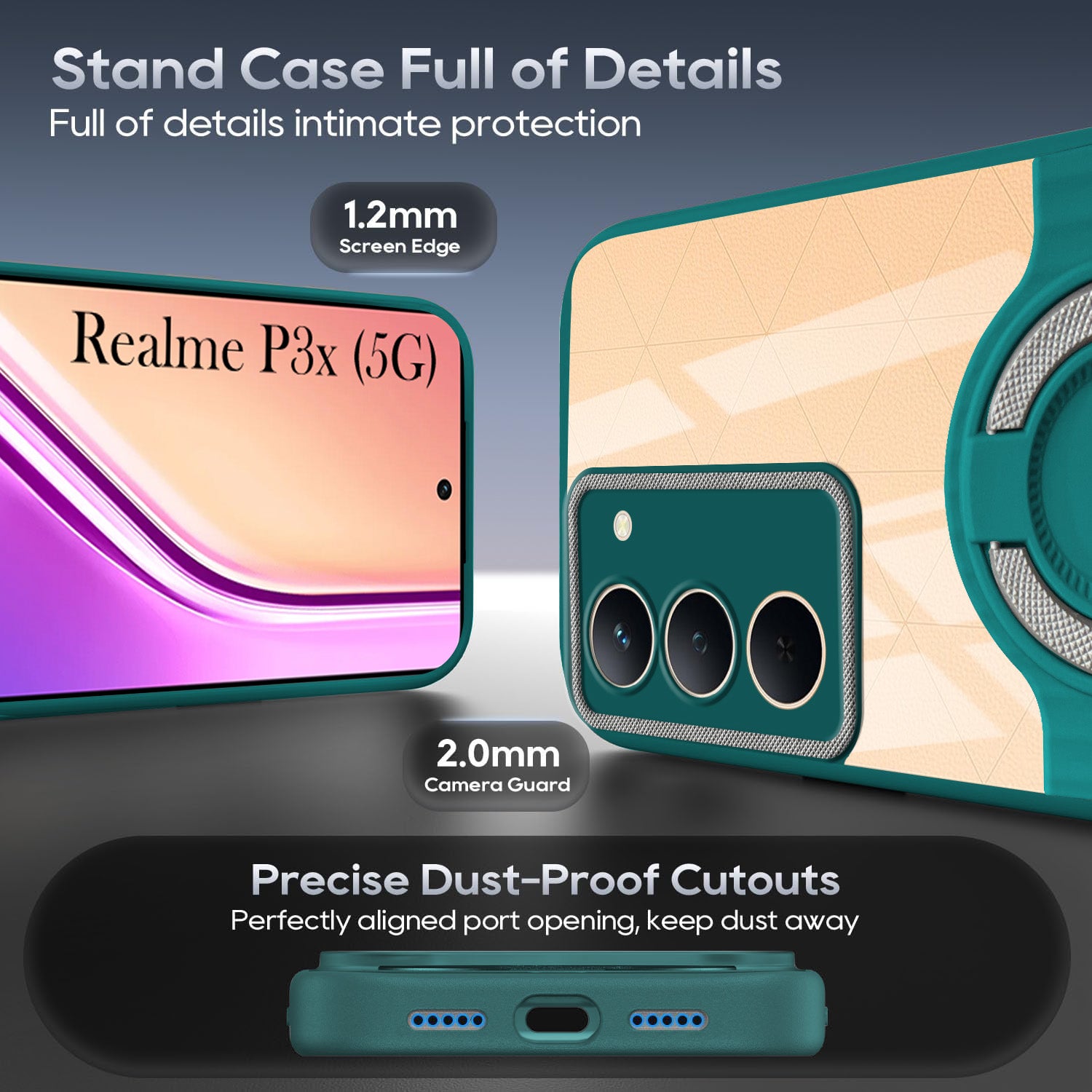 For Realme P3x Back Cover Case with stand (Built-in Ring Holder Kickstand | Lifetime Anti Yellow | Camera Protection)