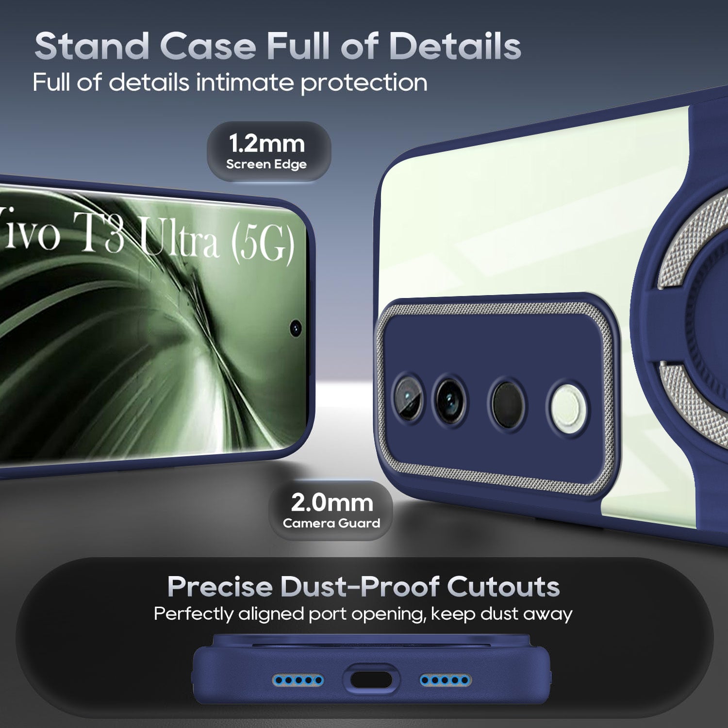 For Vivo T3 Ultra Back Cover Case with stand (Built-in Ring Holder Kickstand | Lifetime Anti Yellow | Camera Protection)