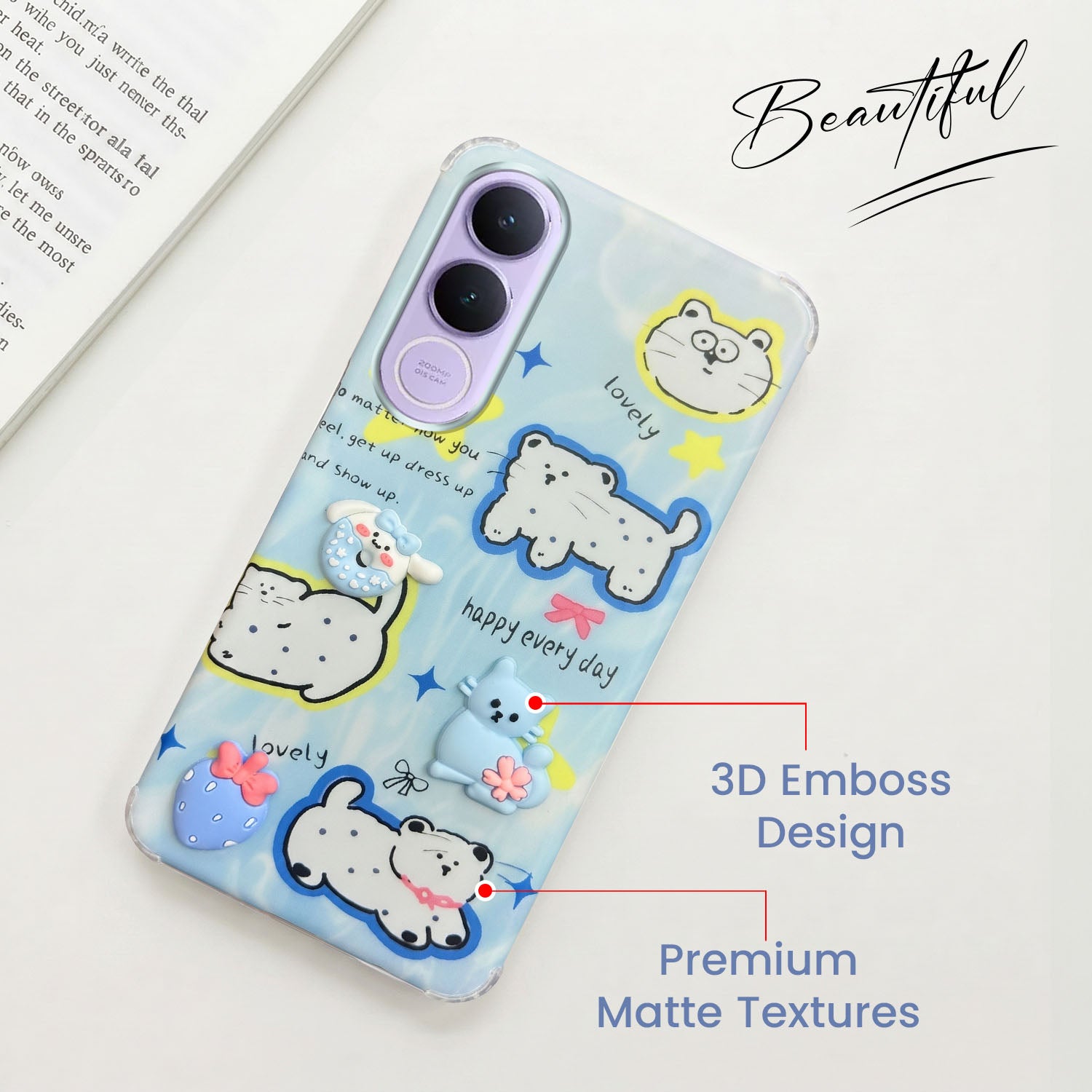 For Vivo V70 FE 5G Back Cover Case (3D Cute Cartoons | Hard Back Side Soft | Matte Premium Finish | HD Printing)