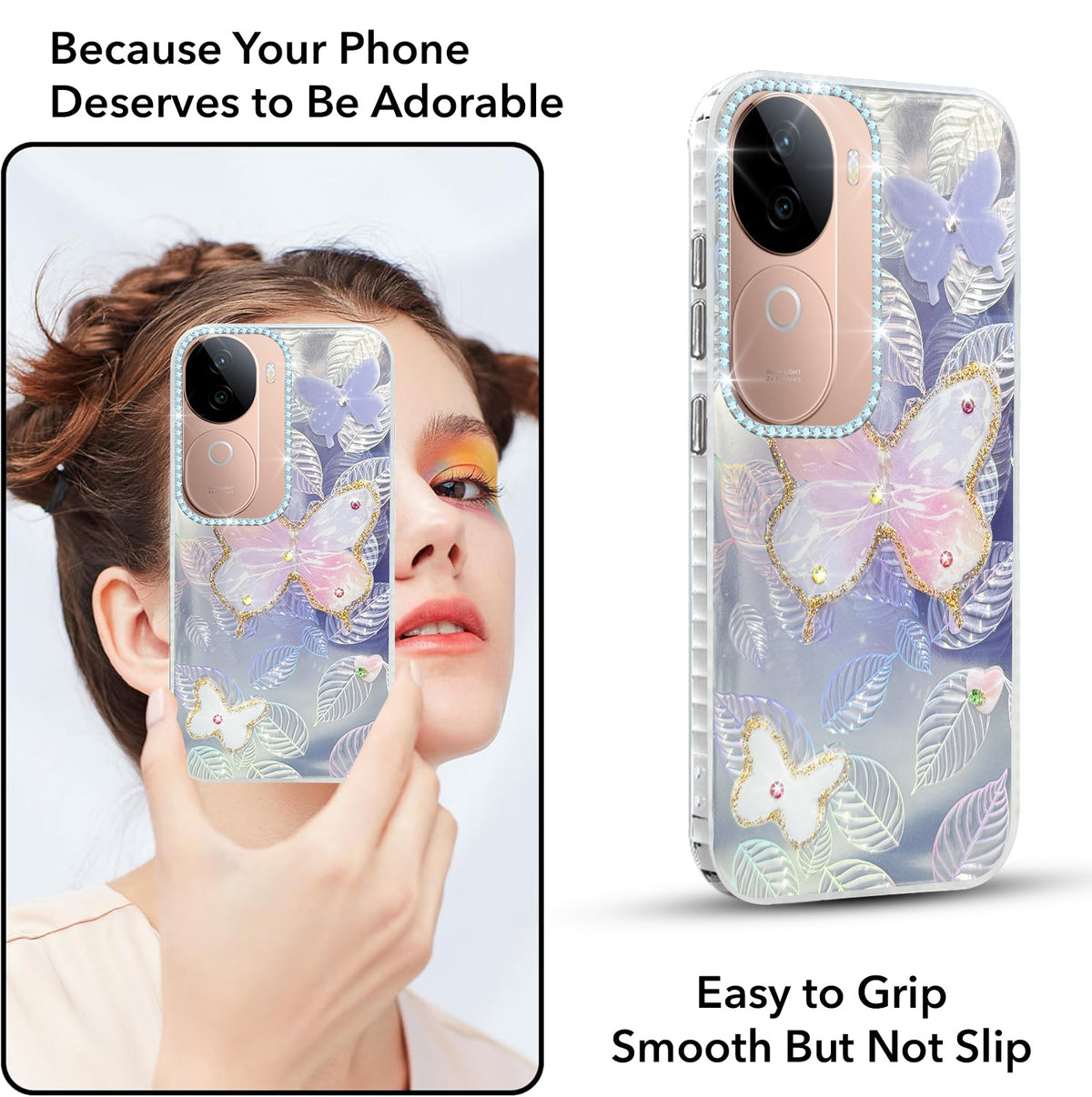 For Vivo V40e Back Cover Case (Luxury Floral Glitter Cute Butterfly | Diamond Studded Camera Bump | Girls & Women Design)