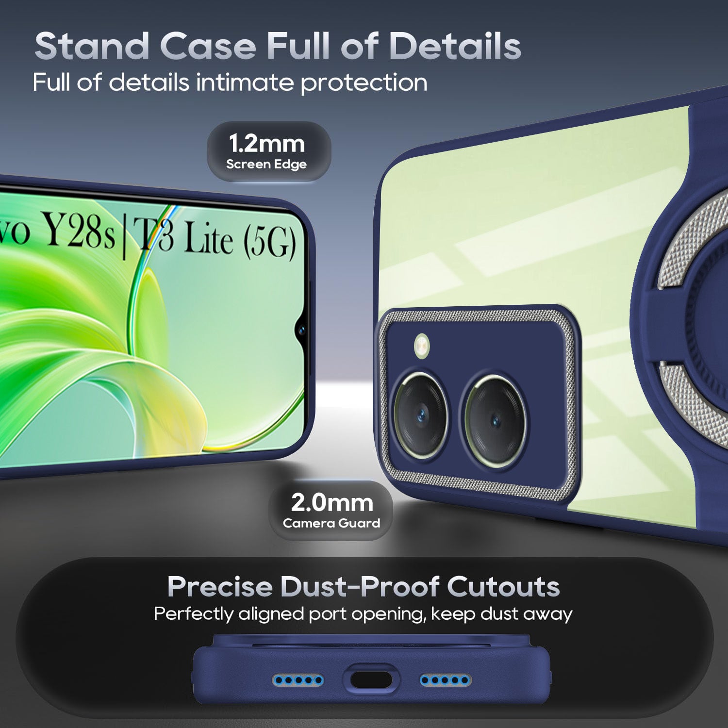 For Vivo T3 Lite 5G | Vivo Y28s 5G Back Cover Case with stand (Built-in Ring Holder Kickstand | Lifetime Anti Yellow | Camera Protection)