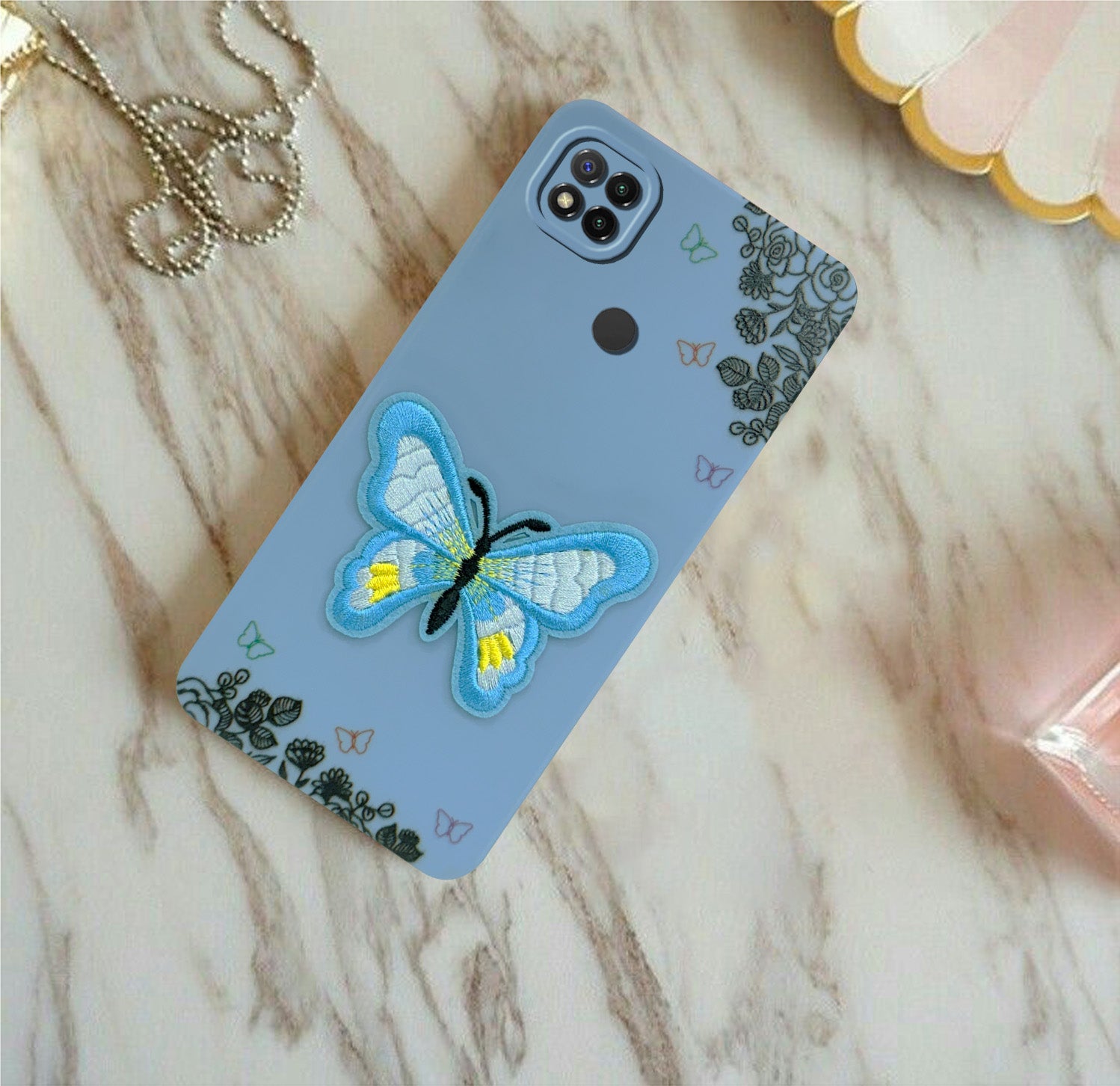 For Redmi 9C Back Cover Case (Soft Butterfly Embroidery | Women Teen Girls | Camera Protection| Matte Silicone)