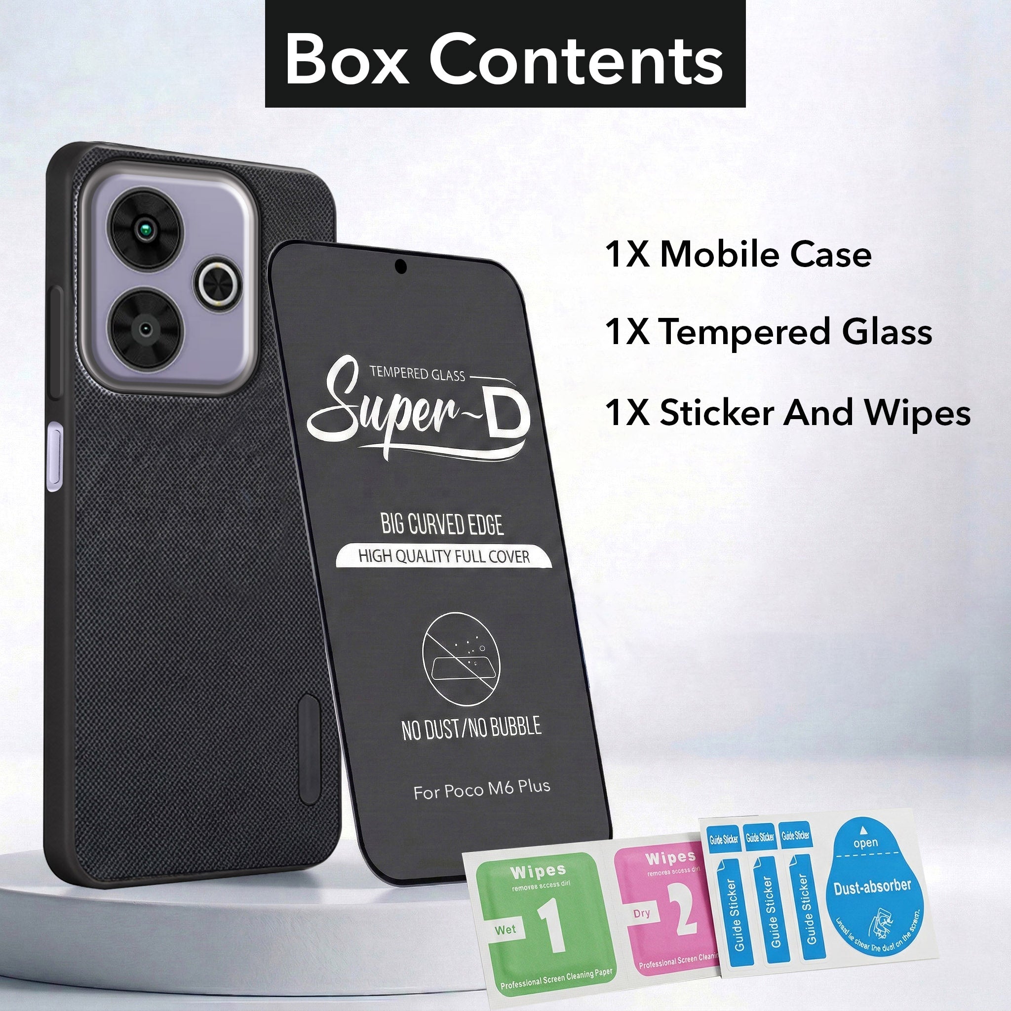 For Poco M6 Plus 5G Combo with Back Cover and 9H Tempered Glass (Textured Grip Design | Micro-Fiber Cloth Inside | Oleophobic Coating Screen Glass)