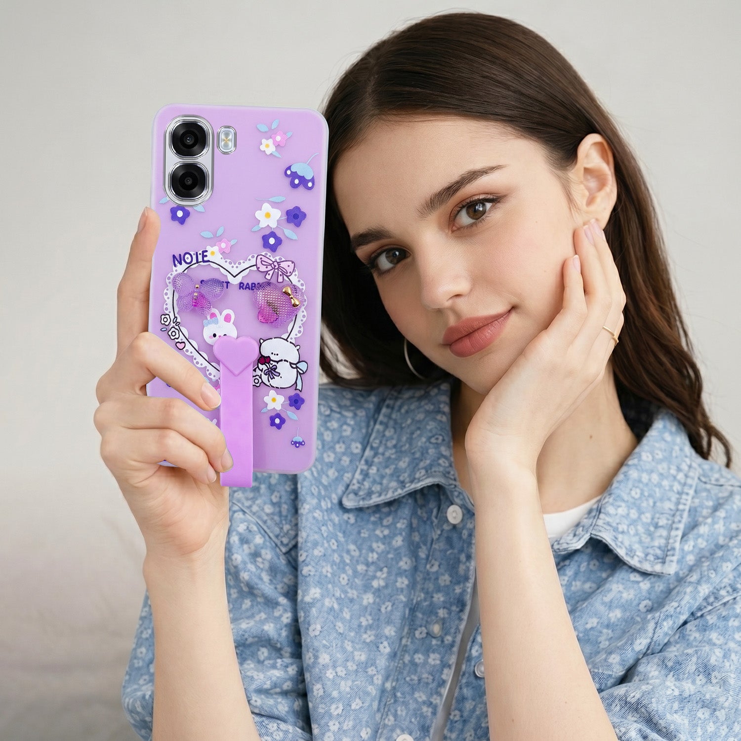 For Oppo K14x 5G Back Cover Case (3D Cute Heart Strap Holder | Camera Protection | Designer Girls Print)