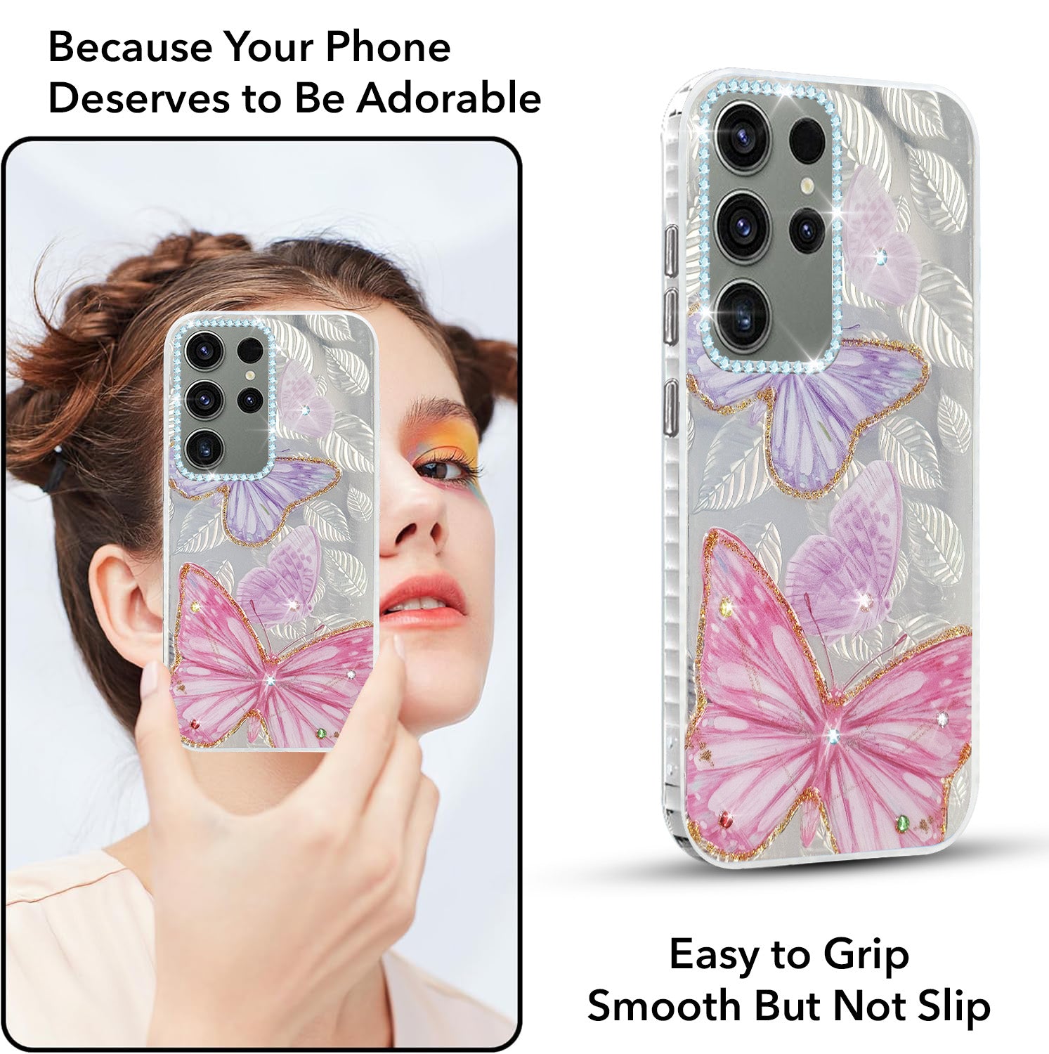 For Samsung Galaxy S23 Ultra Back Cover Case (Luxury Floral Glitter Cute Butterfly | Diamond Studded Camera Bump | Girls & Women Design)