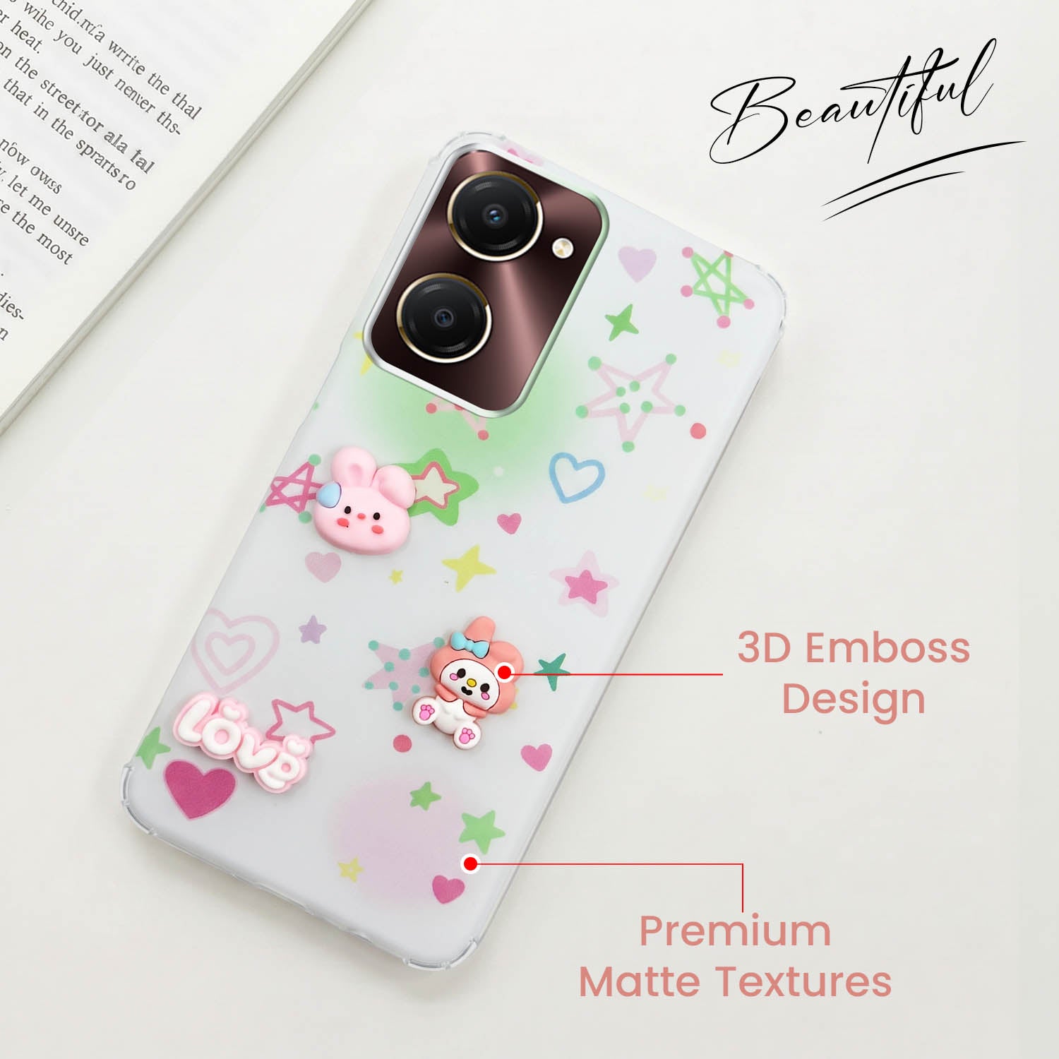 For Vivo iQOO Z9 Lite 5G Back Cover Case (3D Cute Cartoons | Hard Back Side Soft | Matte Premium Finish | HD Printing)