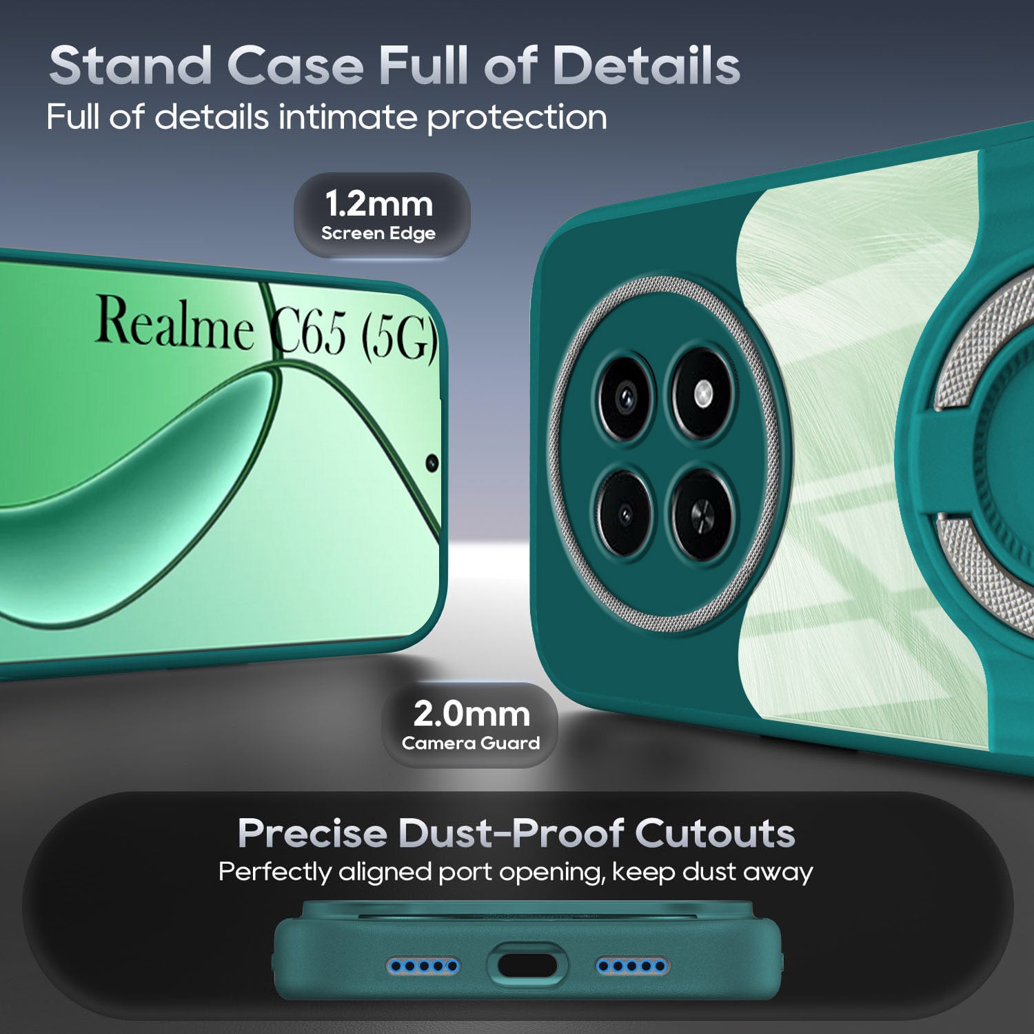 For Realme C65 5G Back Cover Case with stand (Built-in Ring Holder Kickstand | Lifetime Anti Yellow | Camera Protection)