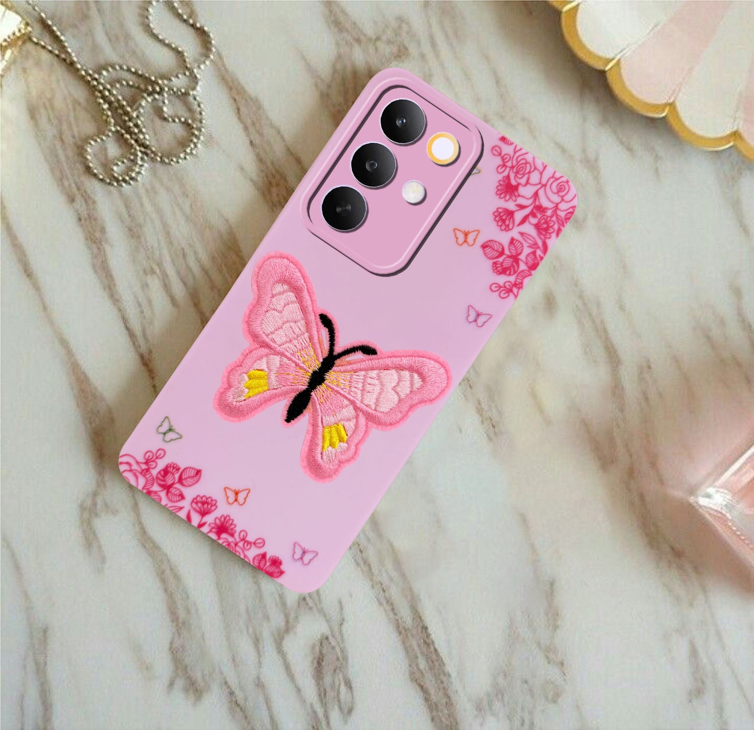 For Realme C85 5G | Realme Narzo 90x Back Cover Case (Soft Butterfly Embroidery | Women Teen Girls | Camera Protection| Matte Silicone)