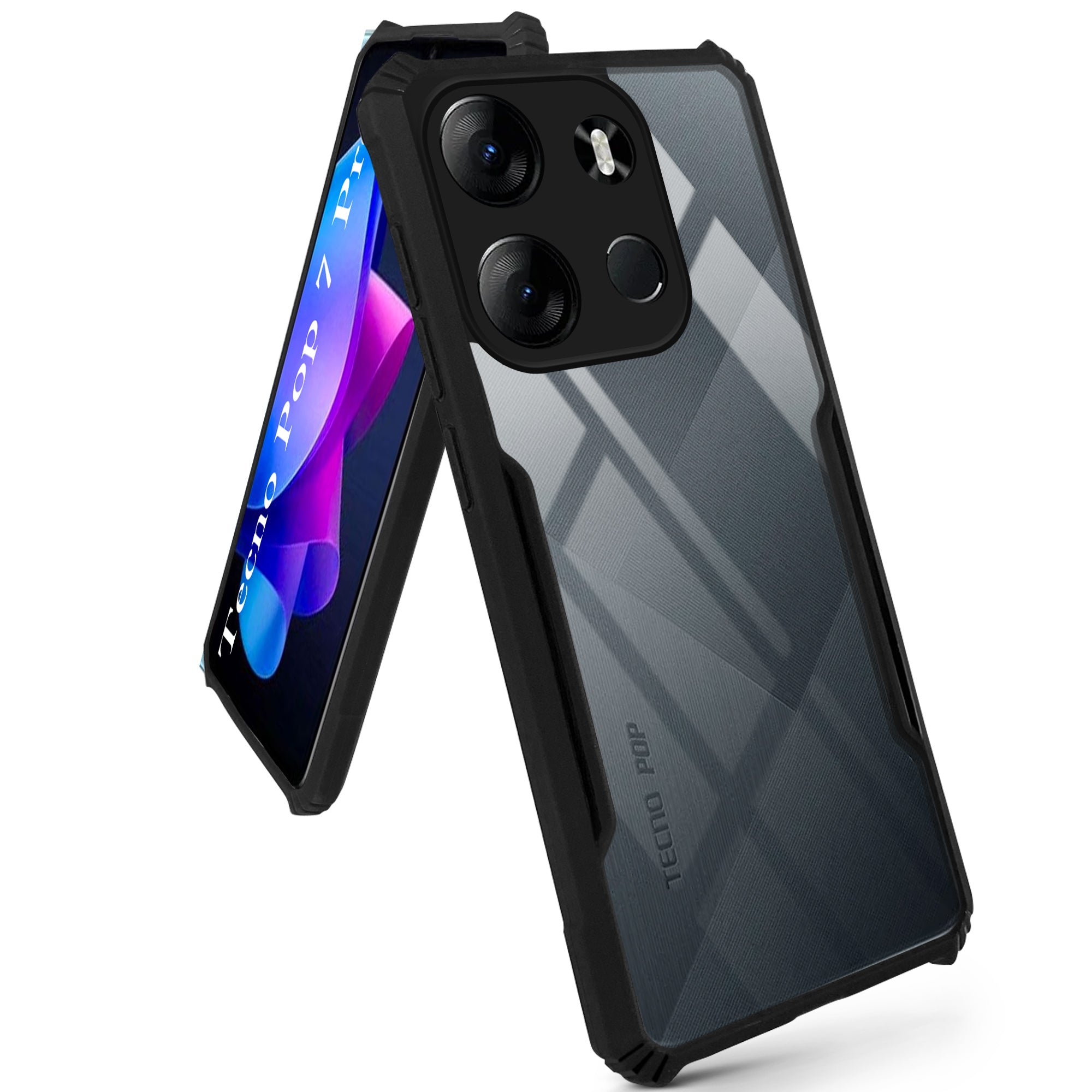For Tecno Pop 7 Pro Back Cover Case ( Shockproof with Polycarbonate Clear Panel | Professional Black)