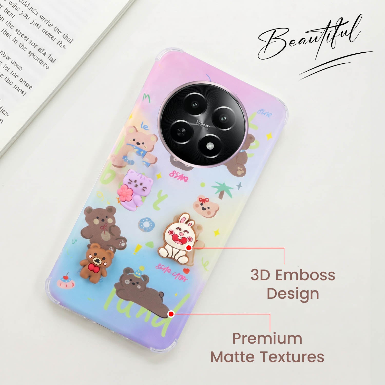 For Realme C65 5G Back Cover Case (3D Cute Cartoons | Hard Back Side Soft | Matte Premium Finish | HD Printing)