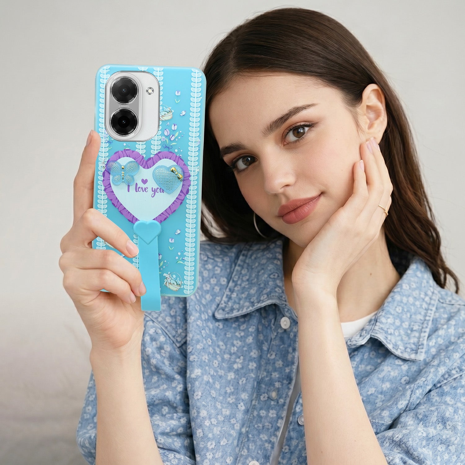 For Poco C71 Back Cover Case (3D Cute Heart Strap Holder | Camera Protection | Designer Girls Print)