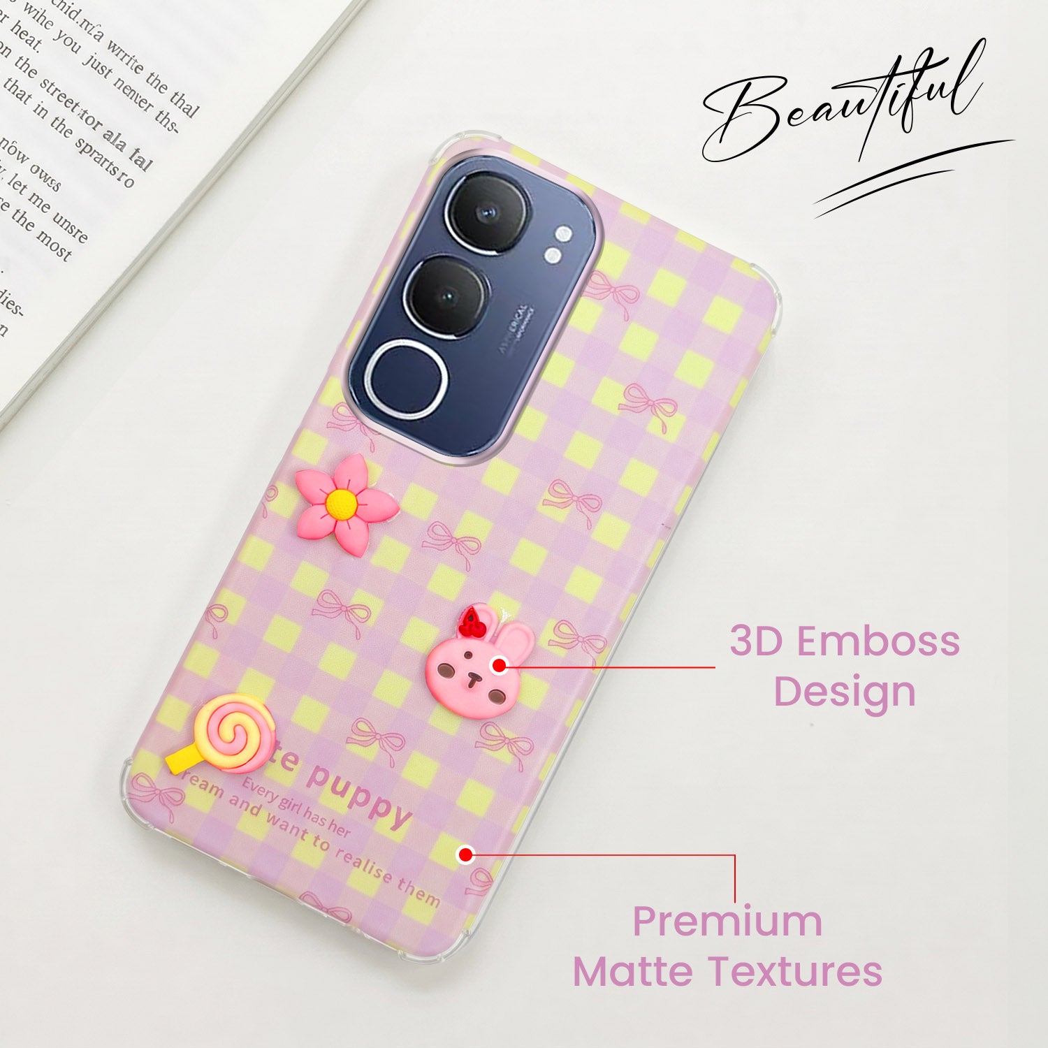 For Vivo Y29 Back Cover Case (3D Cute Cartoons | Hard Back Side Soft | Matte Premium Finish | HD Printing)