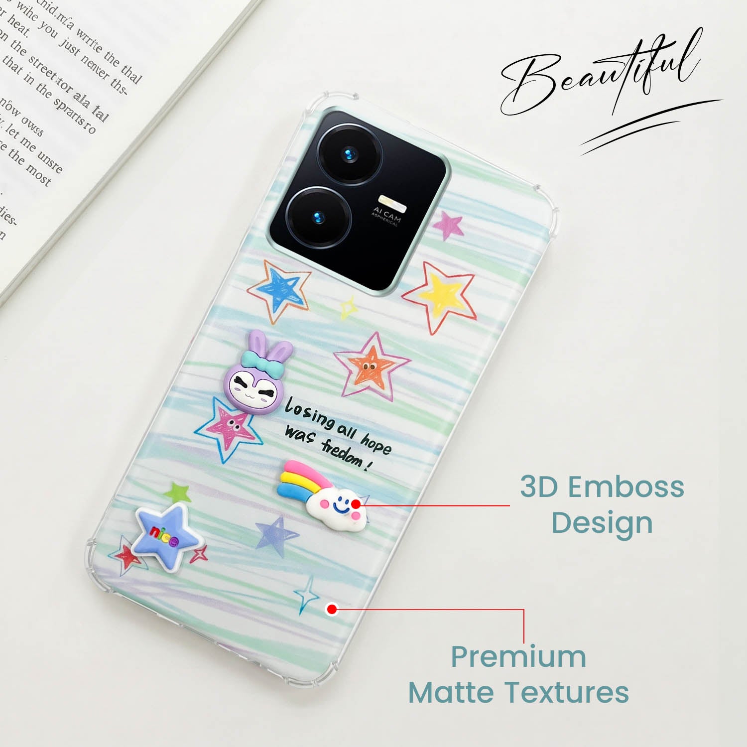 For Vivo Y22 | Vivo Y22s Back Cover Case (3D Cute Cartoons | Hard Back Side Soft | Matte Premium Finish | HD Printing)