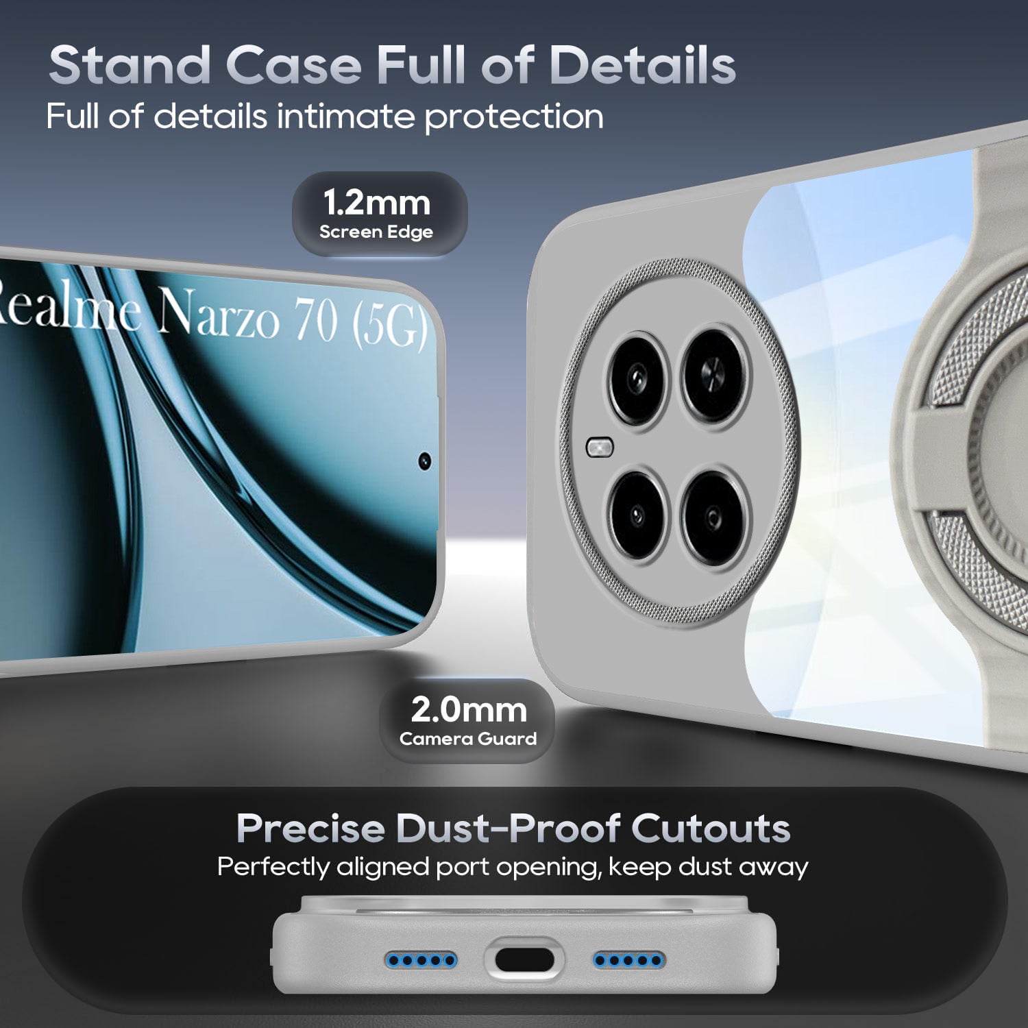 For Realme Narzo 70 5G Back Cover Case with stand (Built-in Ring Holder Kickstand | Lifetime Anti Yellow | Camera Protection)